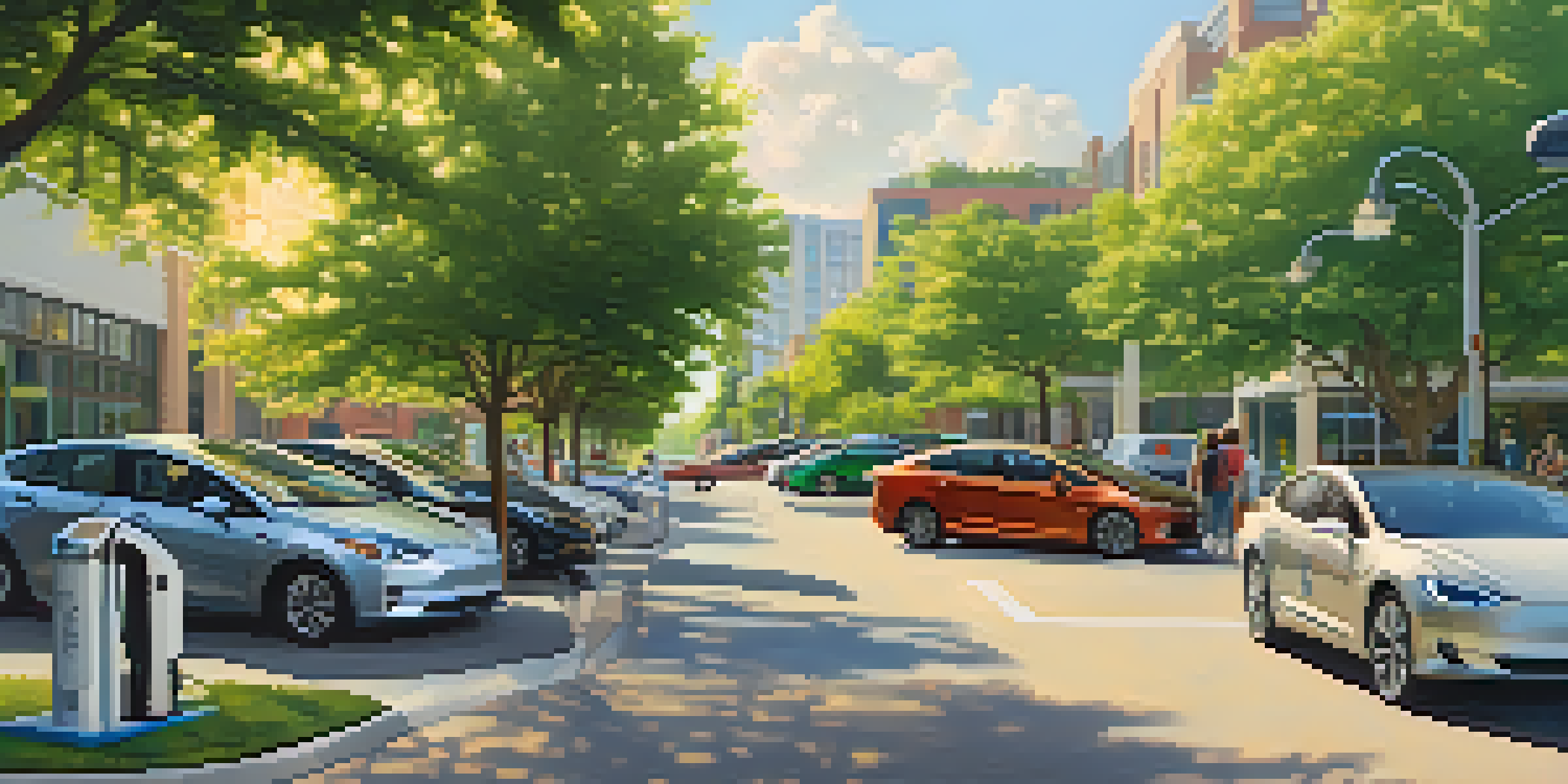 A family charging their electric vehicle on a busy street in Charlotte, surrounded by modern buildings and greenery.