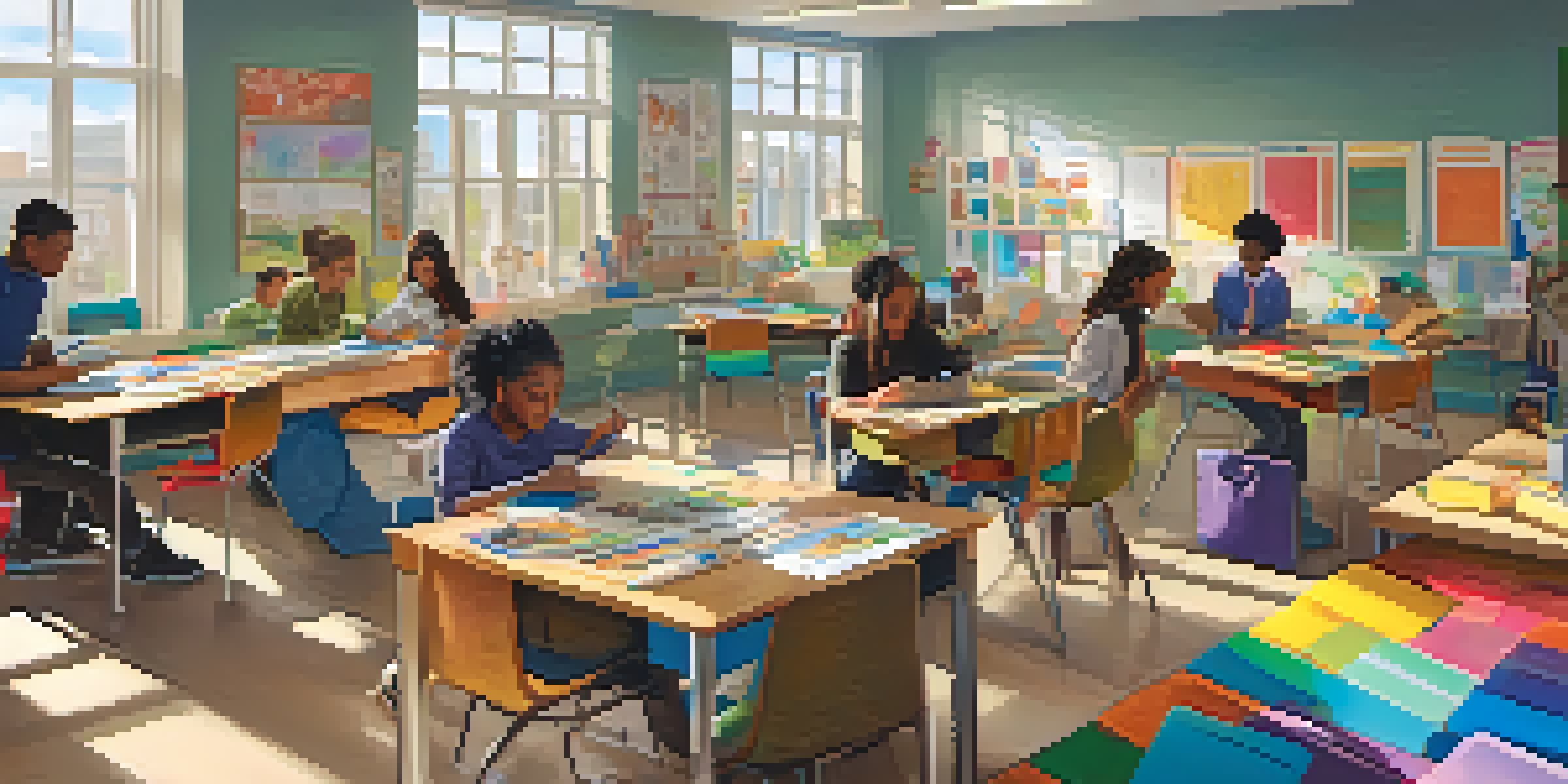 A lively classroom with diverse students collaborating on a project, surrounded by colorful educational materials and bright sunlight streaming through the windows.