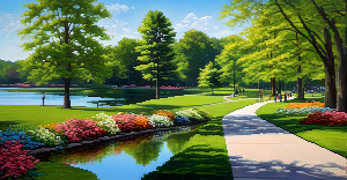 A peaceful scene of Freedom Park with a lake, trees, and people walking and biking.