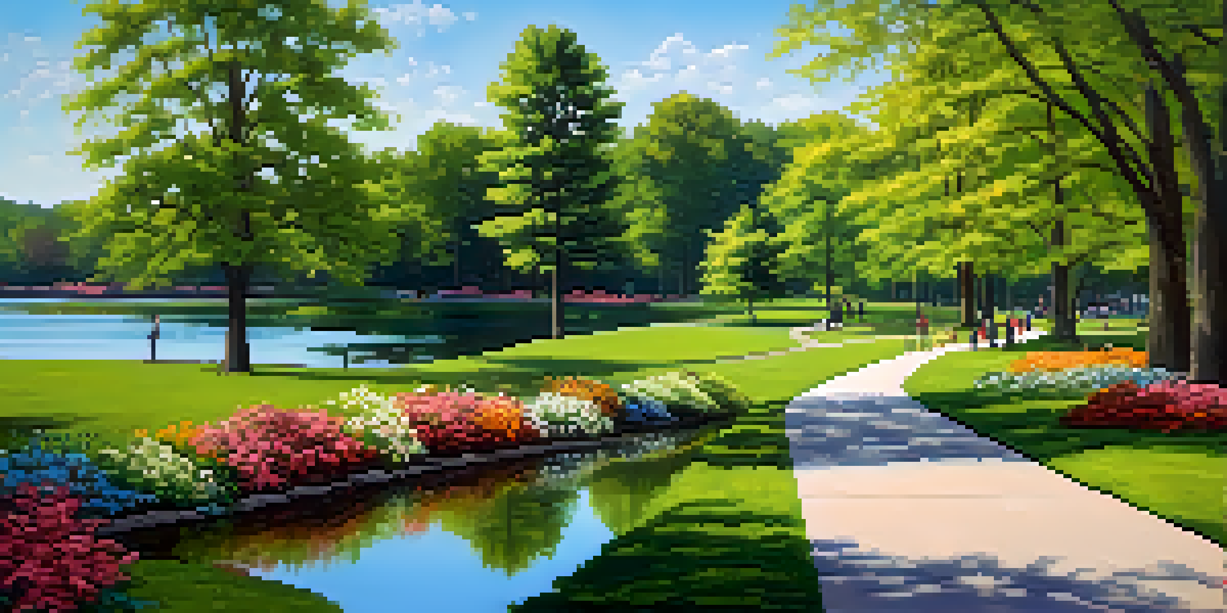 A peaceful scene of Freedom Park with a lake, trees, and people walking and biking.