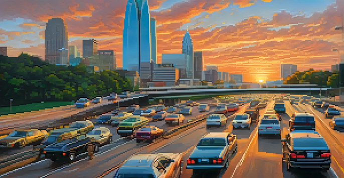 A busy highway in Charlotte filled with various vehicles and modern buildings in the background during sunset.