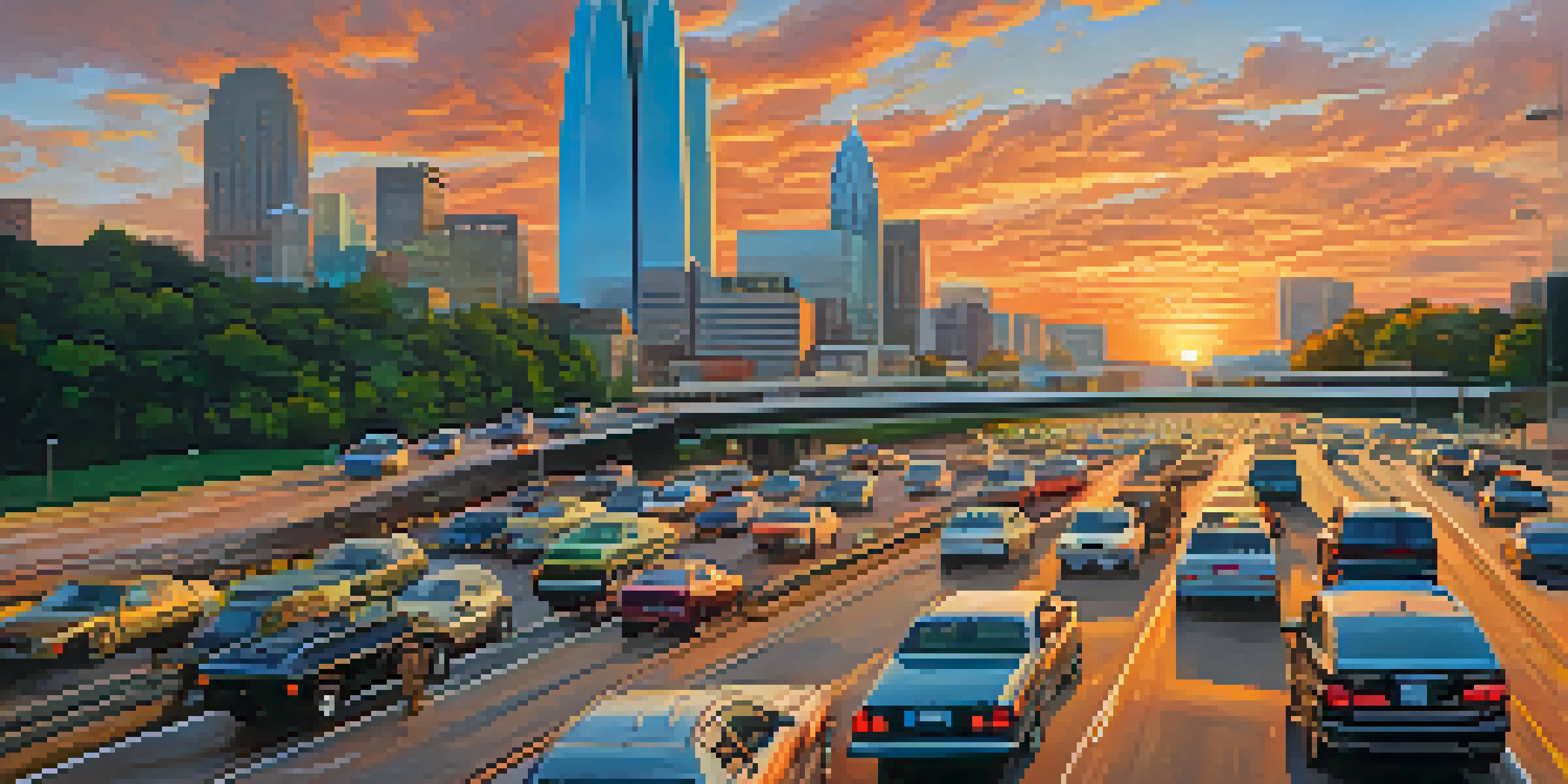 A busy highway in Charlotte filled with various vehicles and modern buildings in the background during sunset.