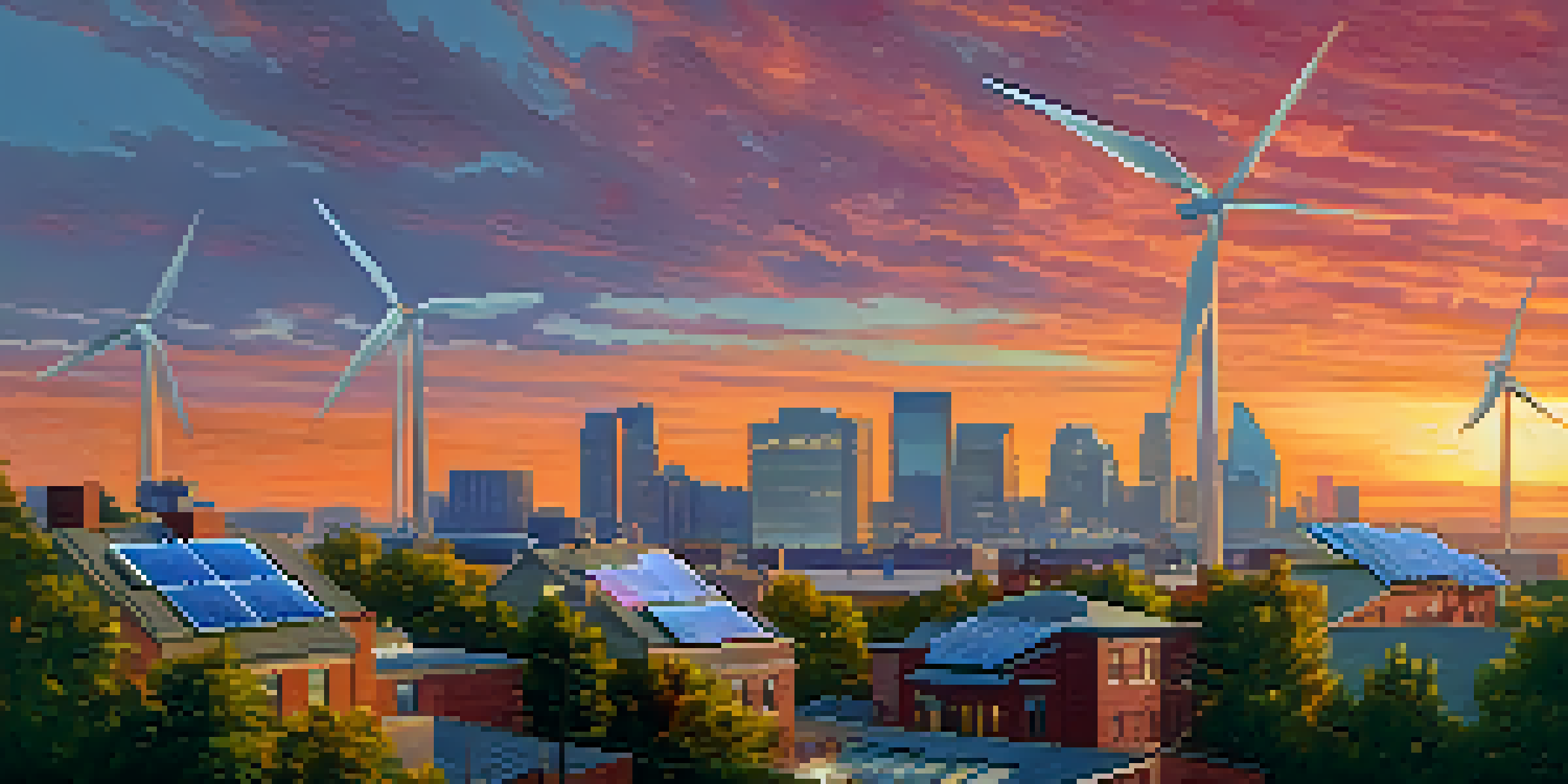 A sunset view of Charlotte's skyline with solar panels and wind turbines, surrounded by greenery.
