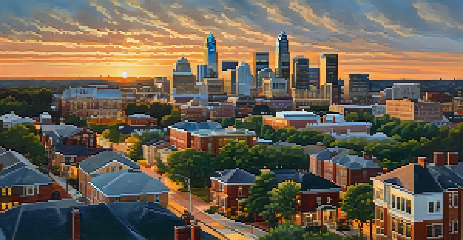 An aerial view of Charlotte's skyline at sunset, highlighting the blend of historic and modern architecture.