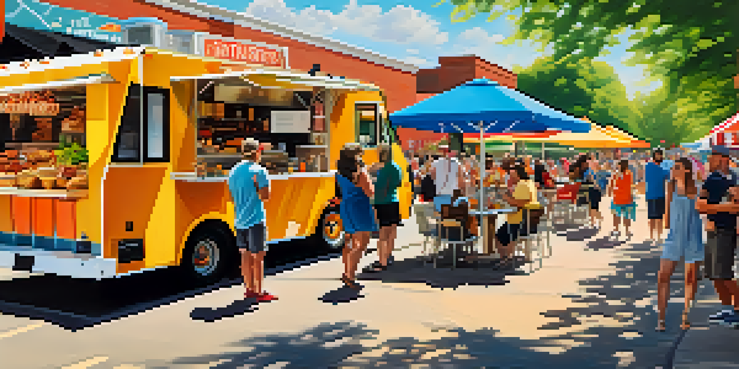 A lively street scene in Charlotte with food trucks and people enjoying food at a festival.