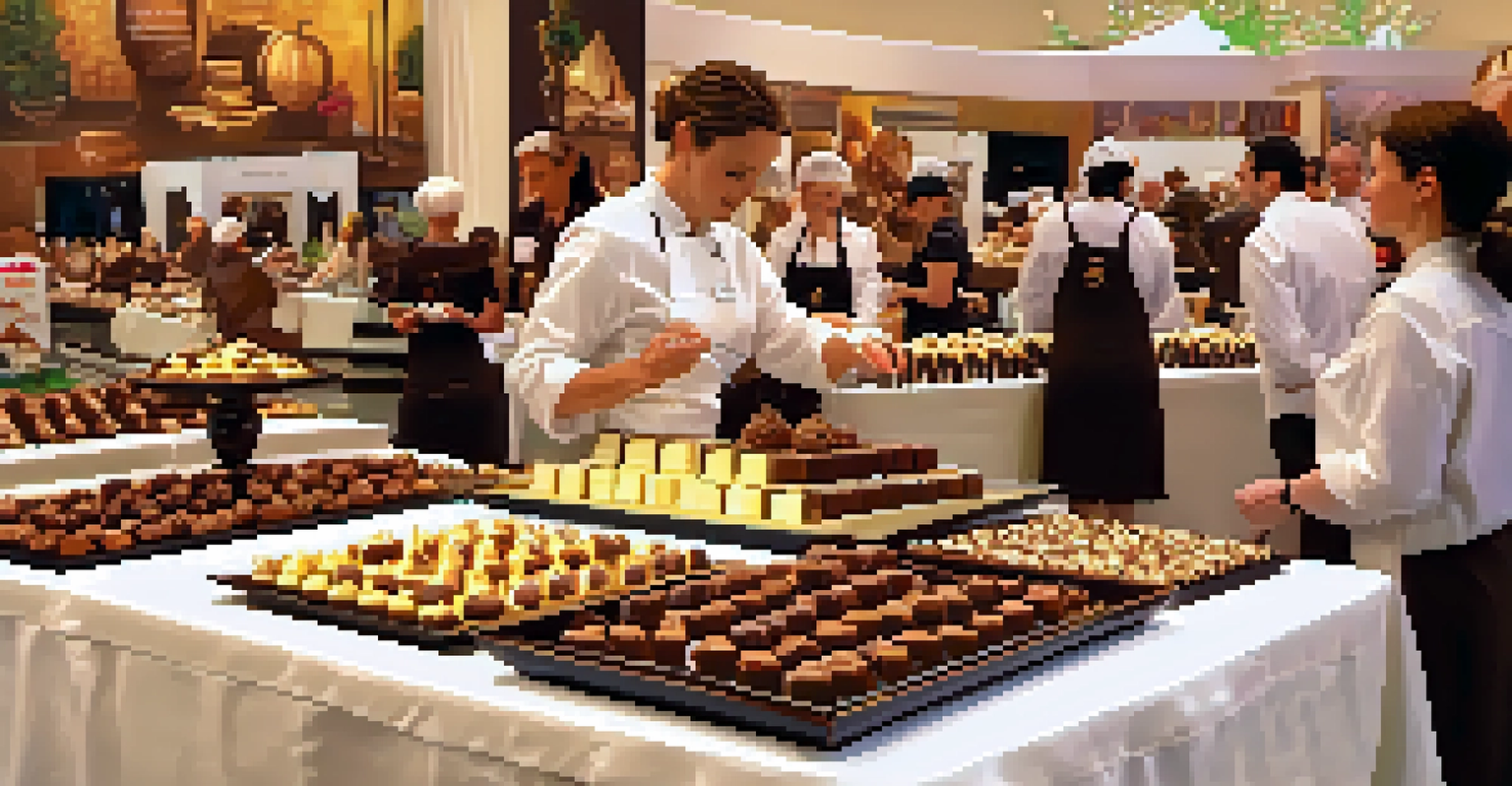 A chocolate festival showcasing various chocolate confections and a chocolatier demonstrating chocolate making.