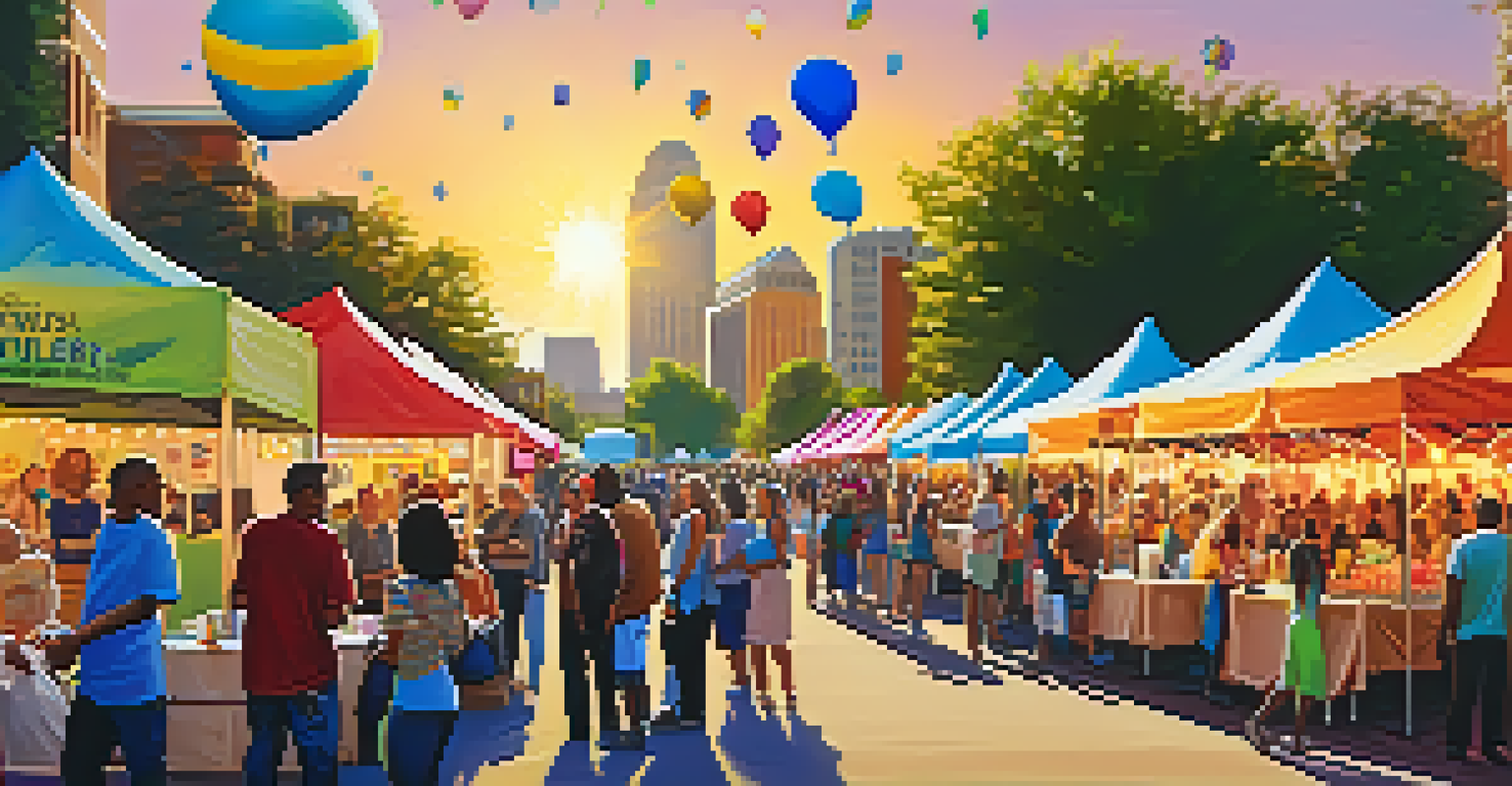 A lively outdoor art festival in Charlotte with local artists displaying colorful artworks and diverse people interacting under a warm sunset.