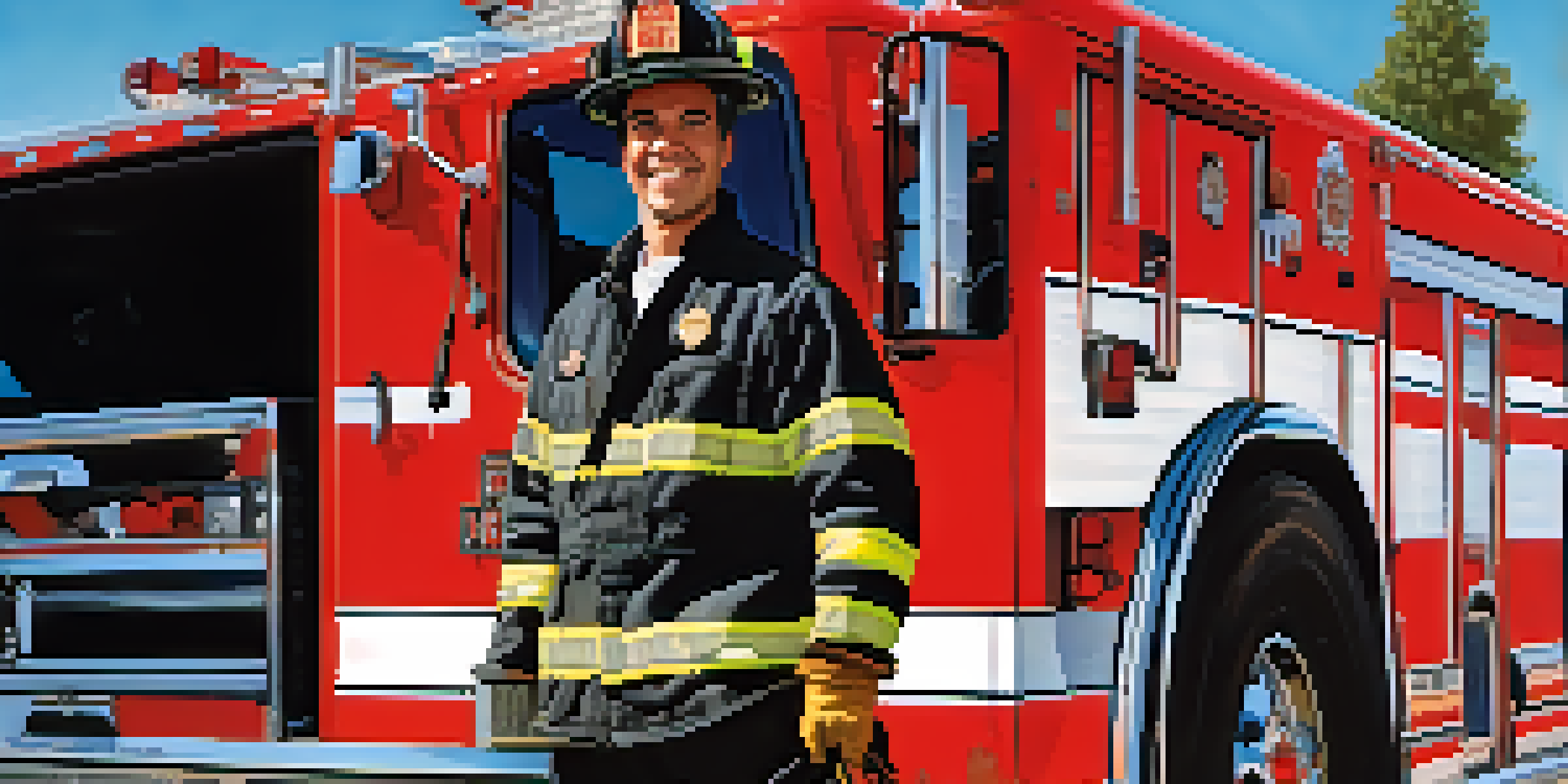 A volunteer firefighter in gear stands proudly in front of a red fire truck under a blue sky, symbolizing community dedication.