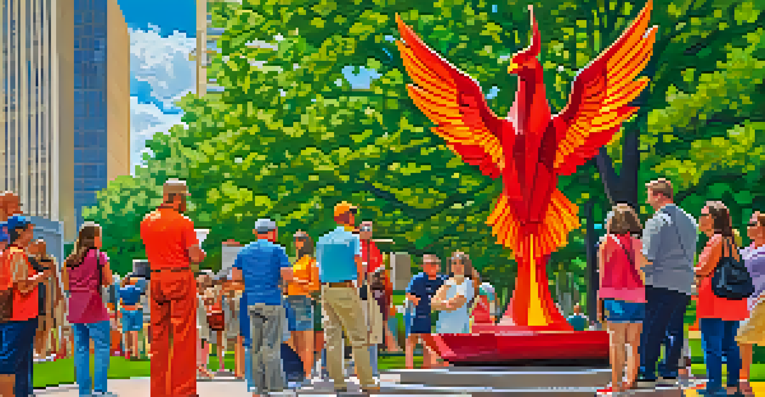 A colorful Firebird sculpture in Romare Bearden Park, with people gathered around admiring it, surrounded by trees.