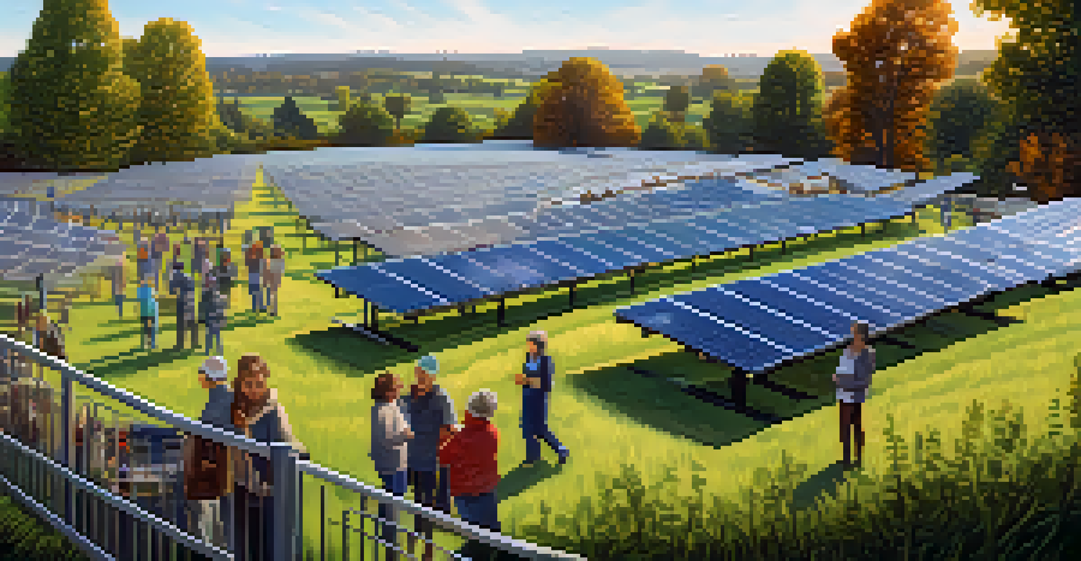 A community solar farm with solar panels and residents participating in a workshop, highlighting community engagement in renewable energy.