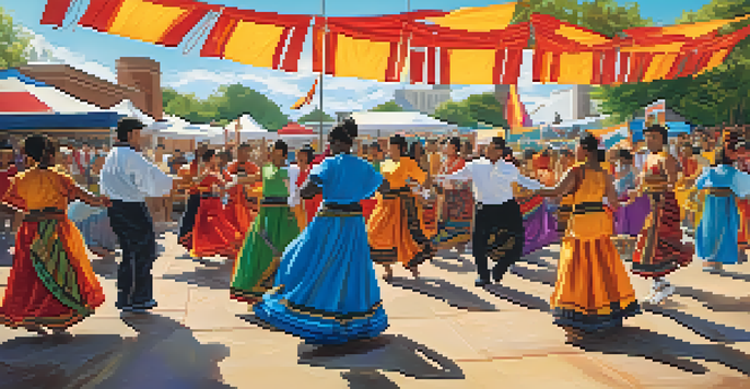 A lively cultural festival with diverse participants performing traditional dances, colorful decorations, and food stalls.