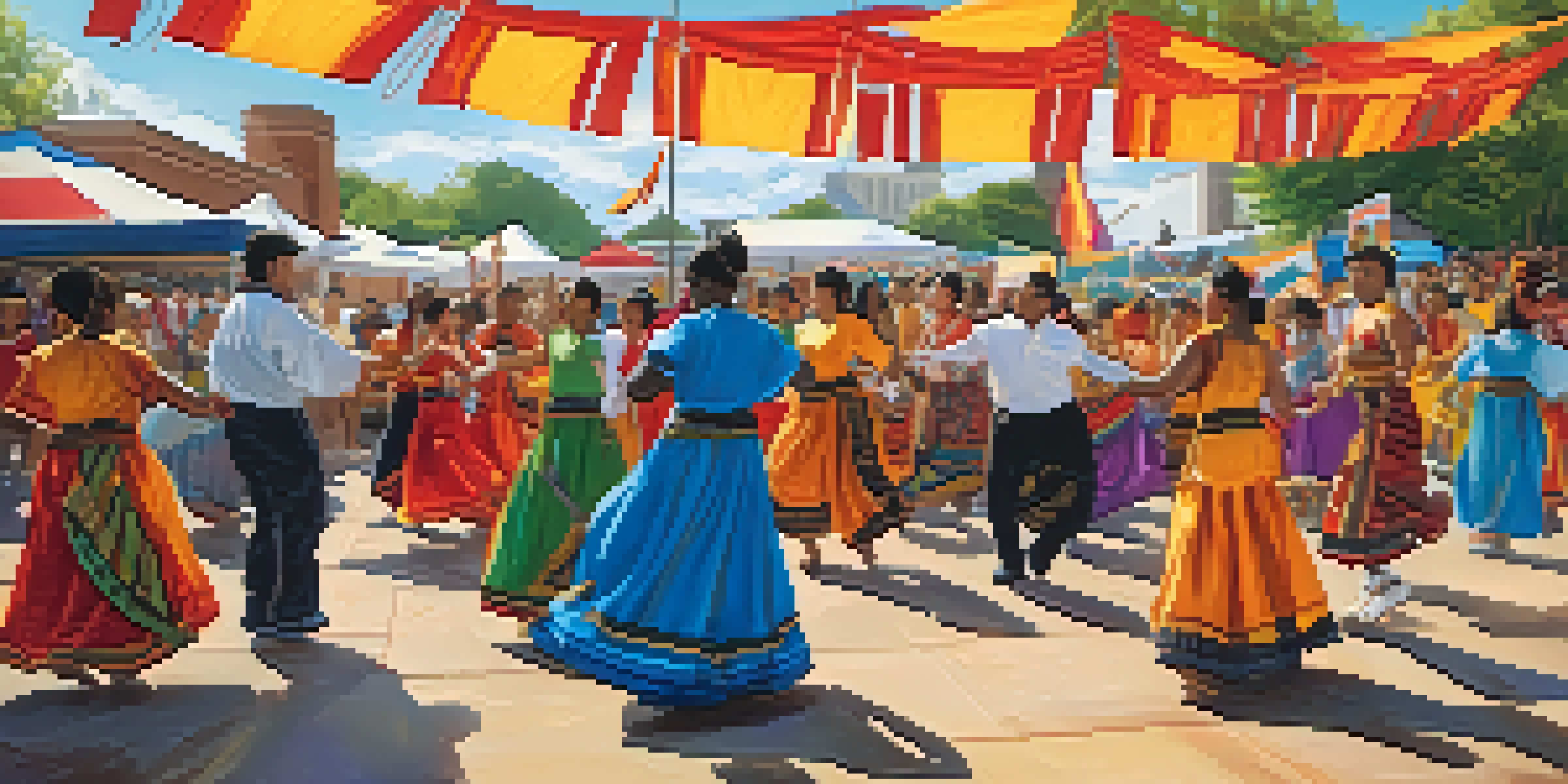 A lively cultural festival with diverse participants performing traditional dances, colorful decorations, and food stalls.