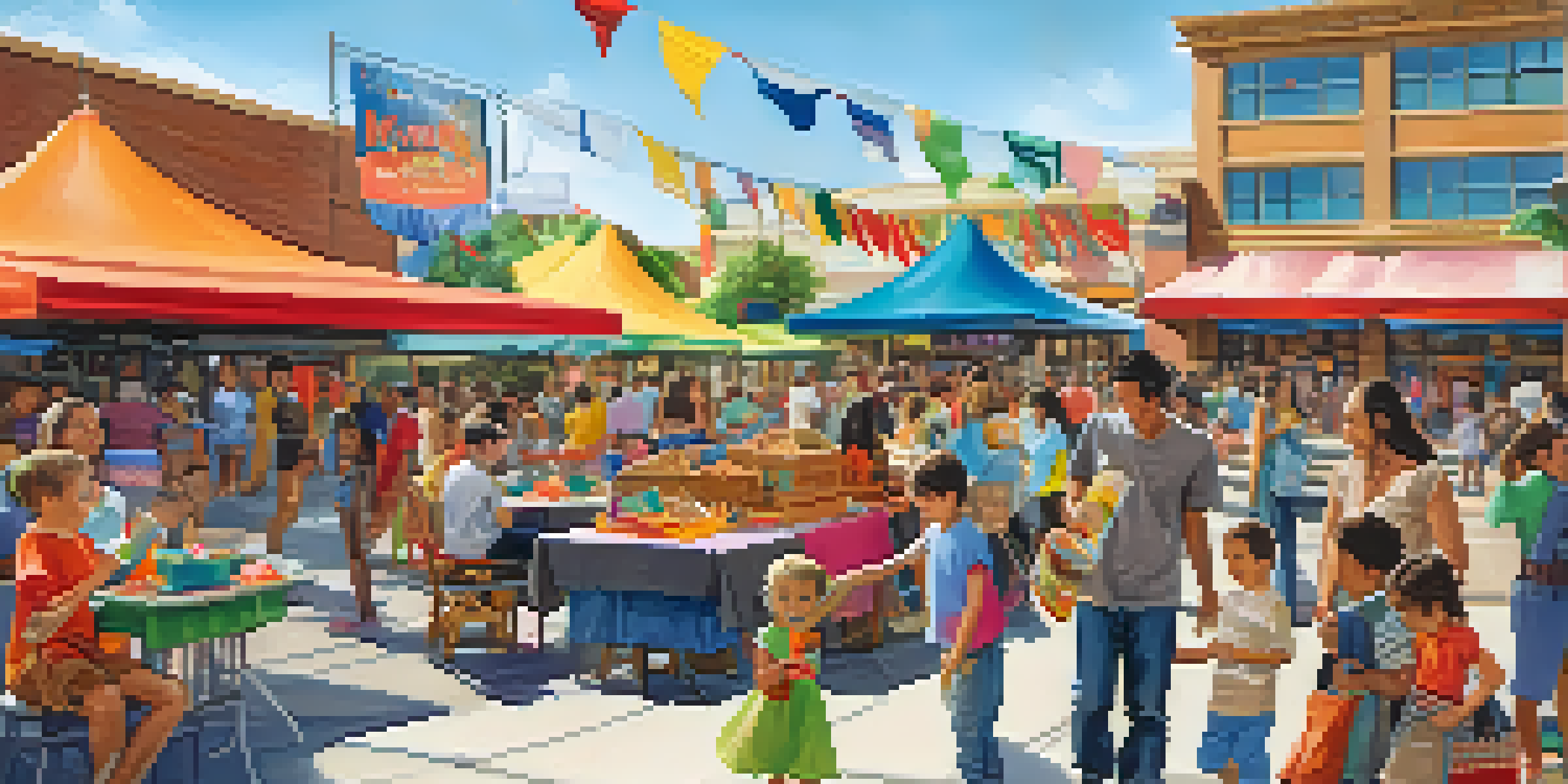 A community event at a shopping center with local craft booths and families enjoying the activities.