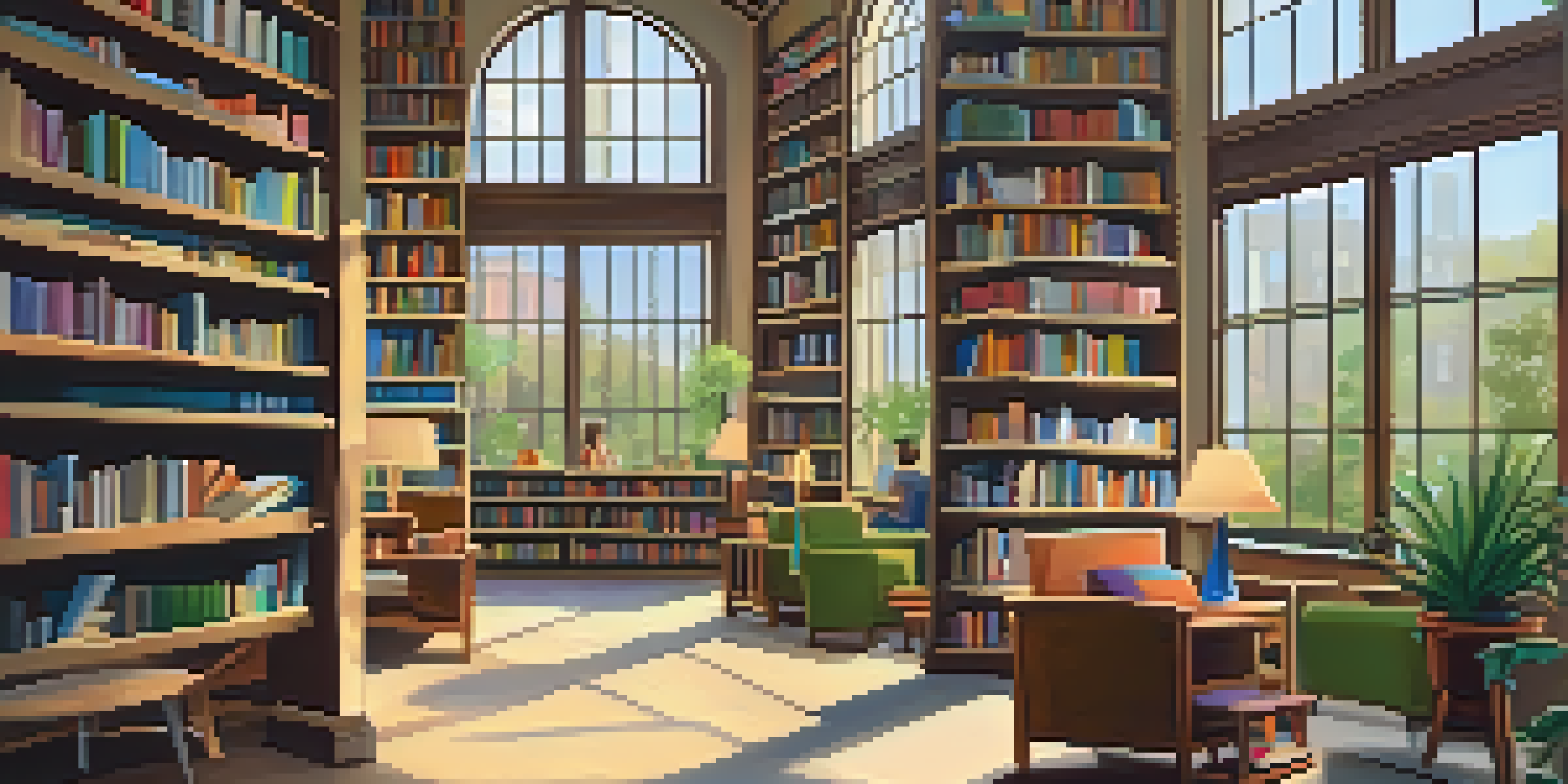 A warm library interior with wooden shelves, colorful books, and natural light. Patrons are seen reading in a cozy setting.