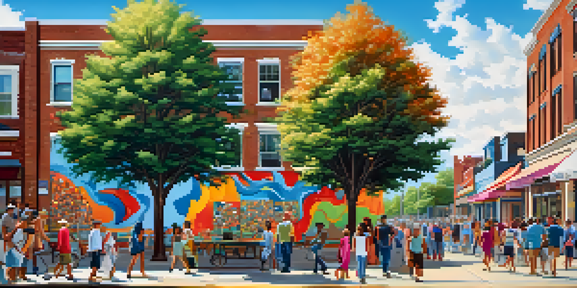 A colorful mural on a brick wall in Charlotte with diverse people conversing in front of it, under a sunny sky.