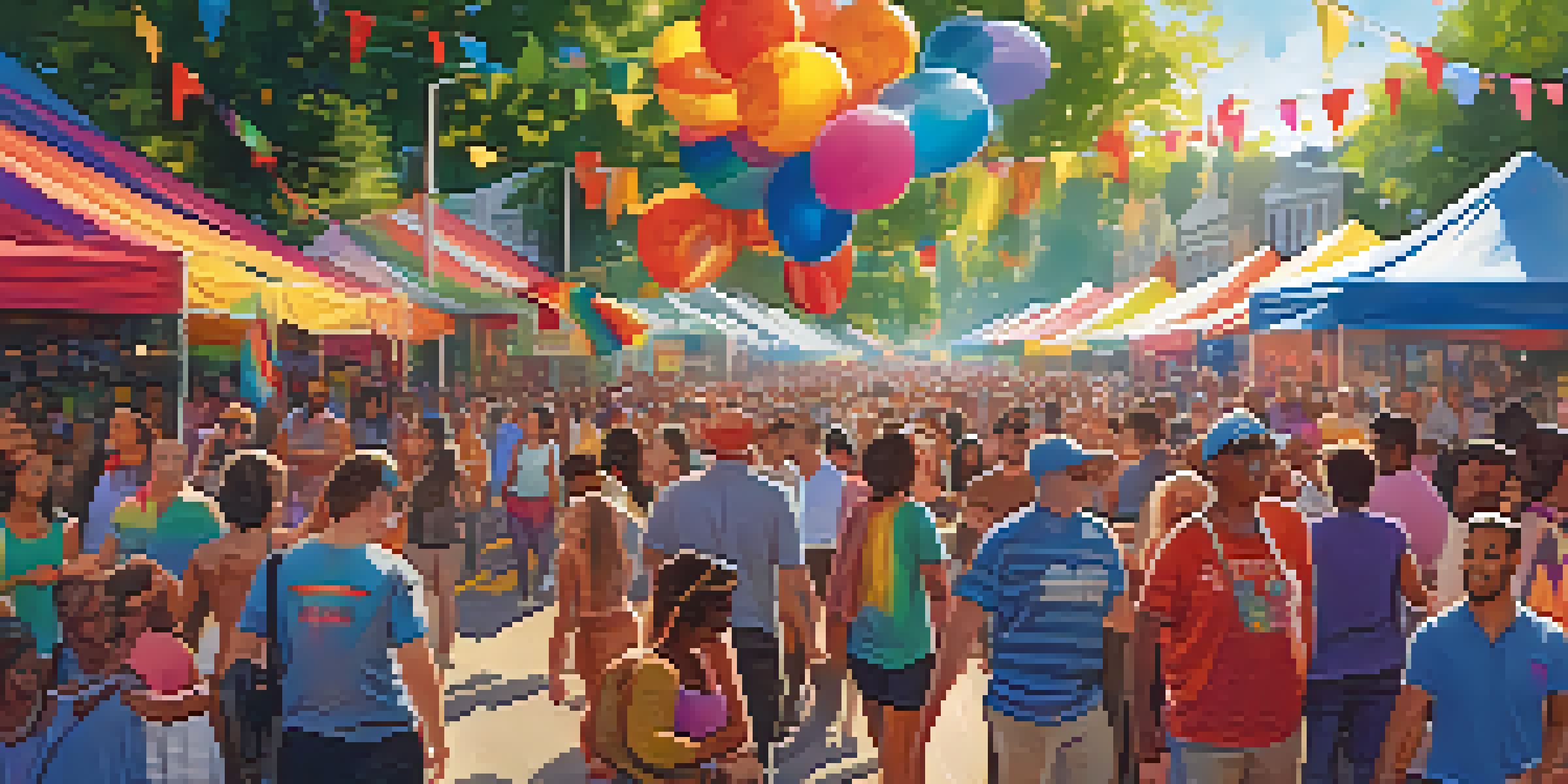 A colorful celebration at the Charlotte Pride Festival with people holding rainbow flags and decorations, surrounded by food stalls and a joyful crowd under the sunlight.