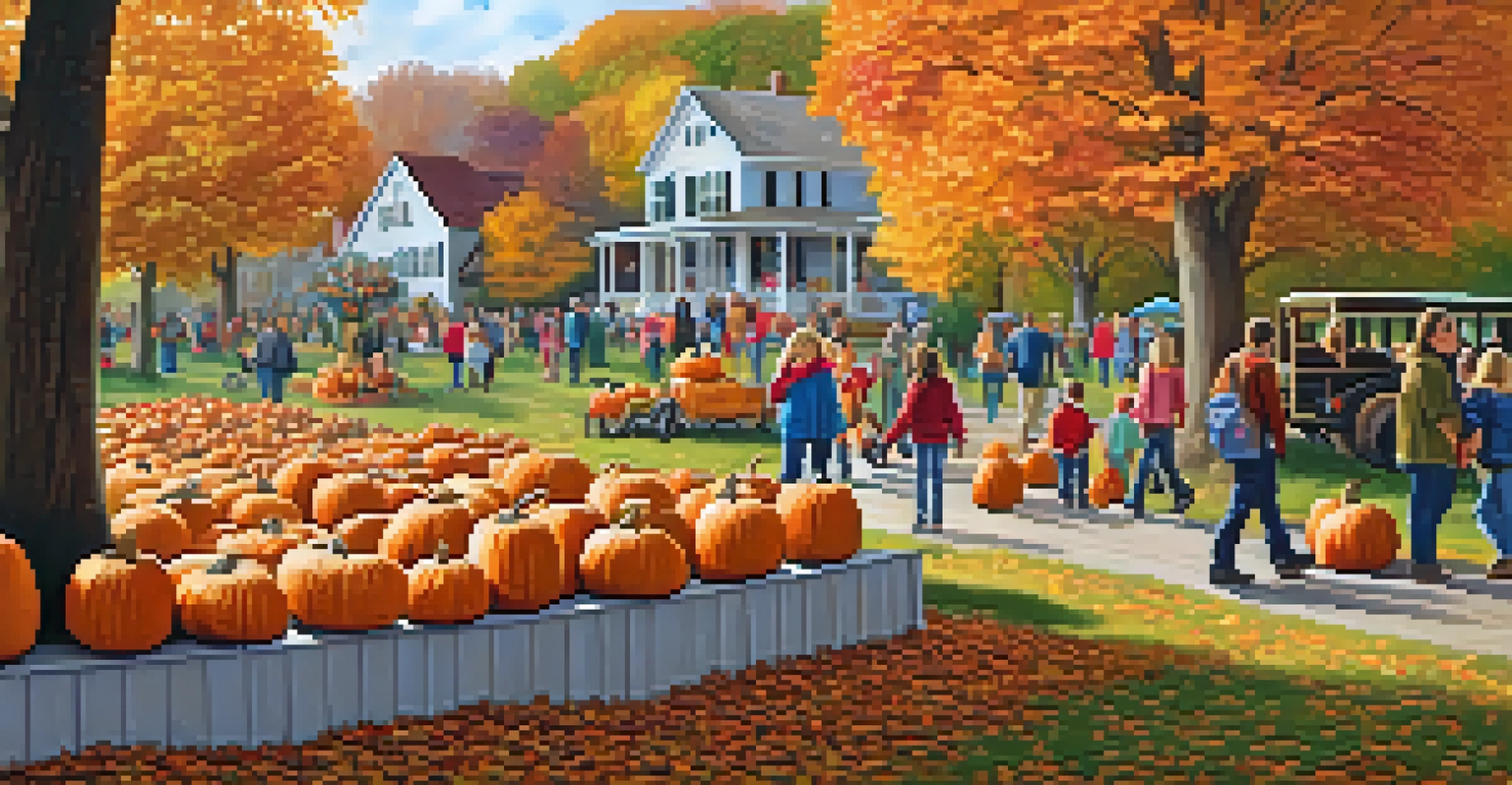 A cozy fall harvest festival in a park with pumpkins, hayrides, and families enjoying autumn activities among colorful trees.