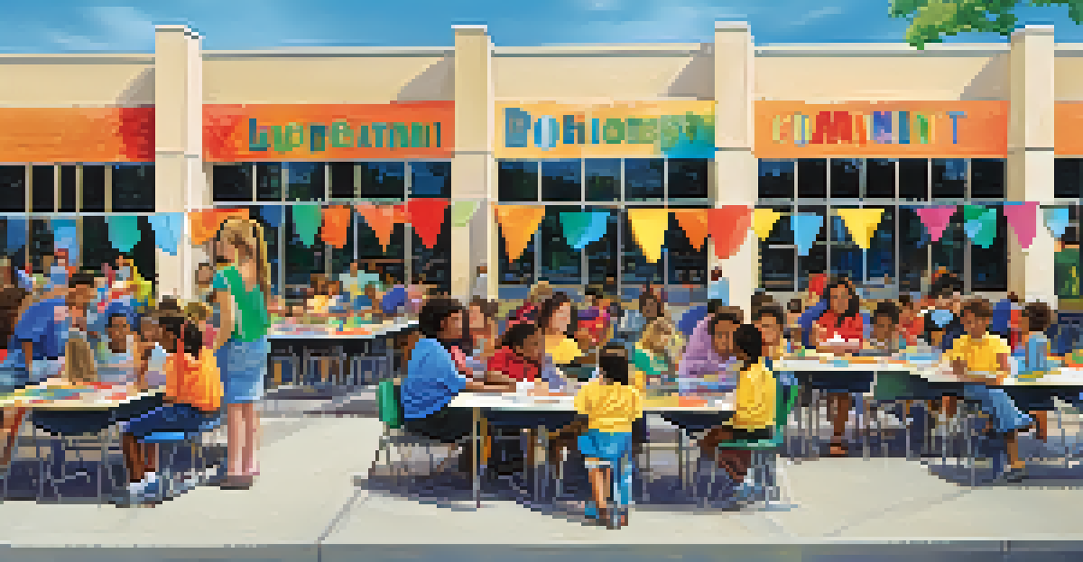 A vibrant community event at a school, with parents, teachers, and students collaborating on activities and showcasing projects.