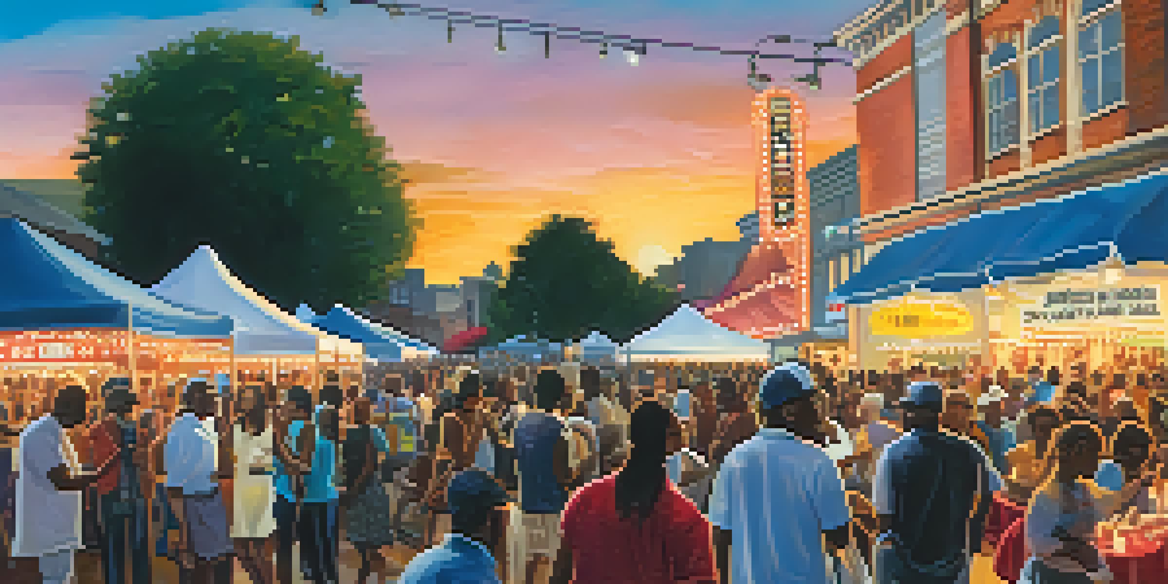 A lively scene at the Charlotte Jazz Festival with musicians on stage, colorful lights, and a crowd enjoying the performance.