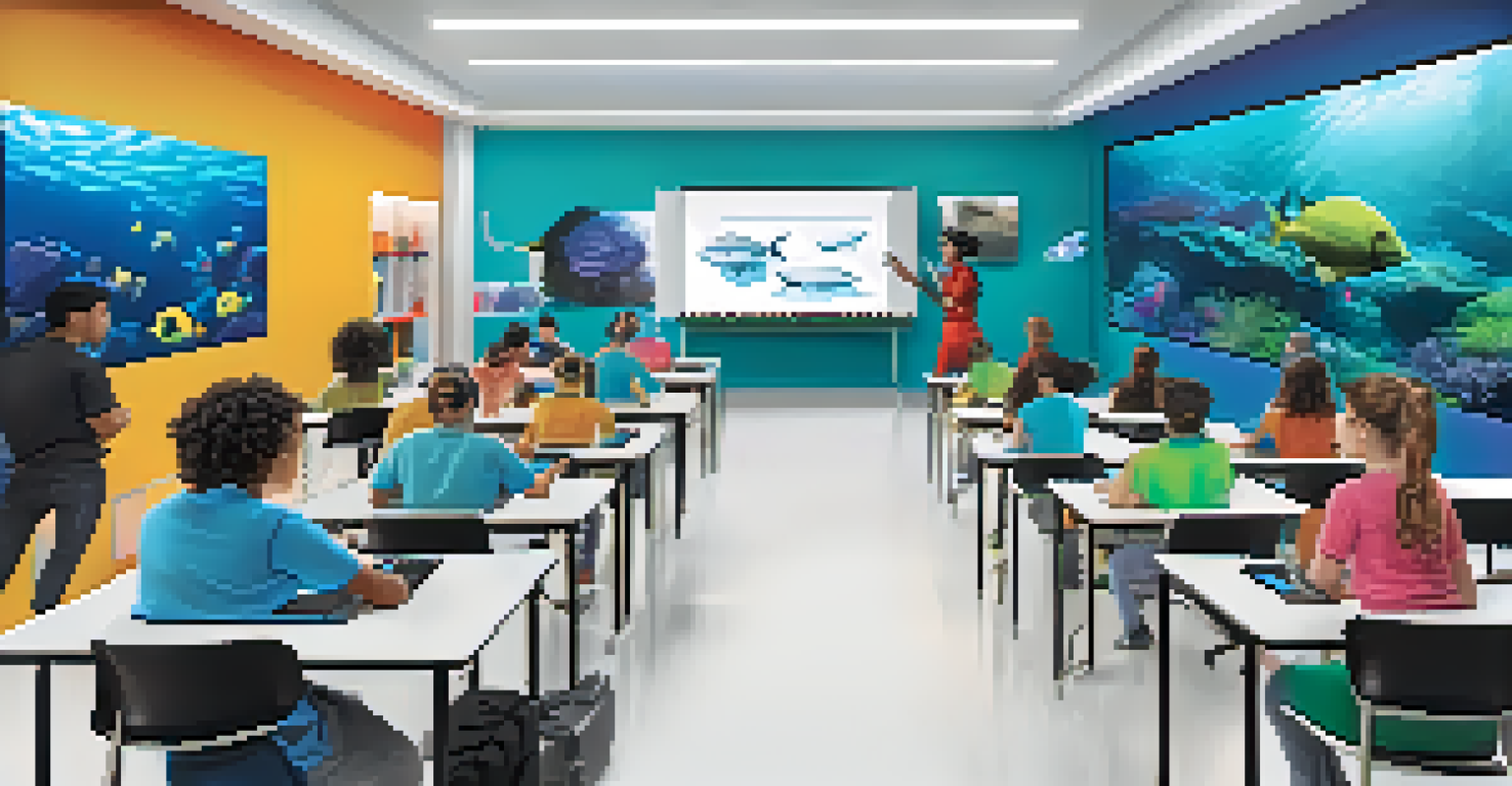 A modern classroom filled with technology, as students engage in virtual lab experiments and coding projects, showcasing a futuristic learning environment.