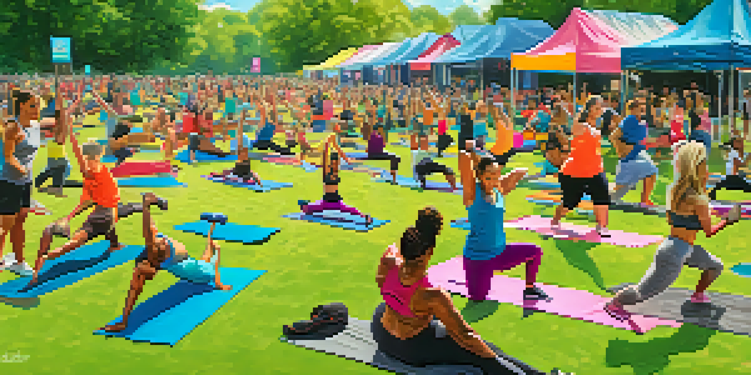 A diverse group of people participating in fitness activities at a festival in a sunny park, surrounded by colorful banners and food stalls.