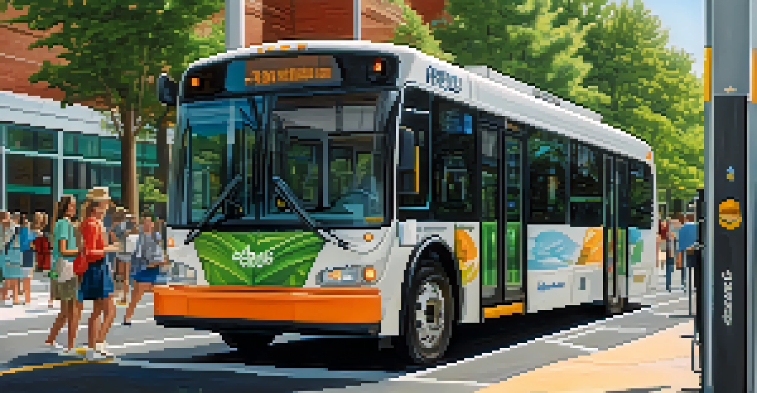 An electric bus at a transit station in Charlotte, with passengers using contactless payment and green surroundings.
