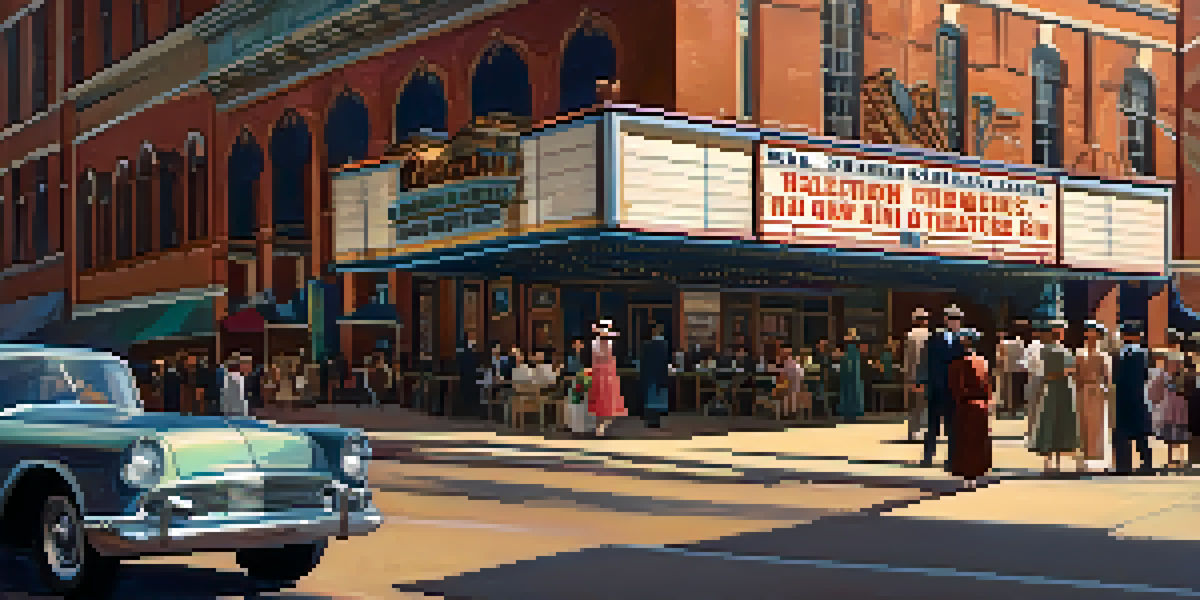 A historic local theater in Charlotte showcasing a silent film, with patrons dressed in early 1900s fashion and vintage posters.