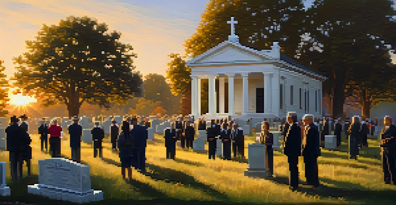 Community members gathered in a cemetery, sharing stories amidst historic gravestones during sunset.