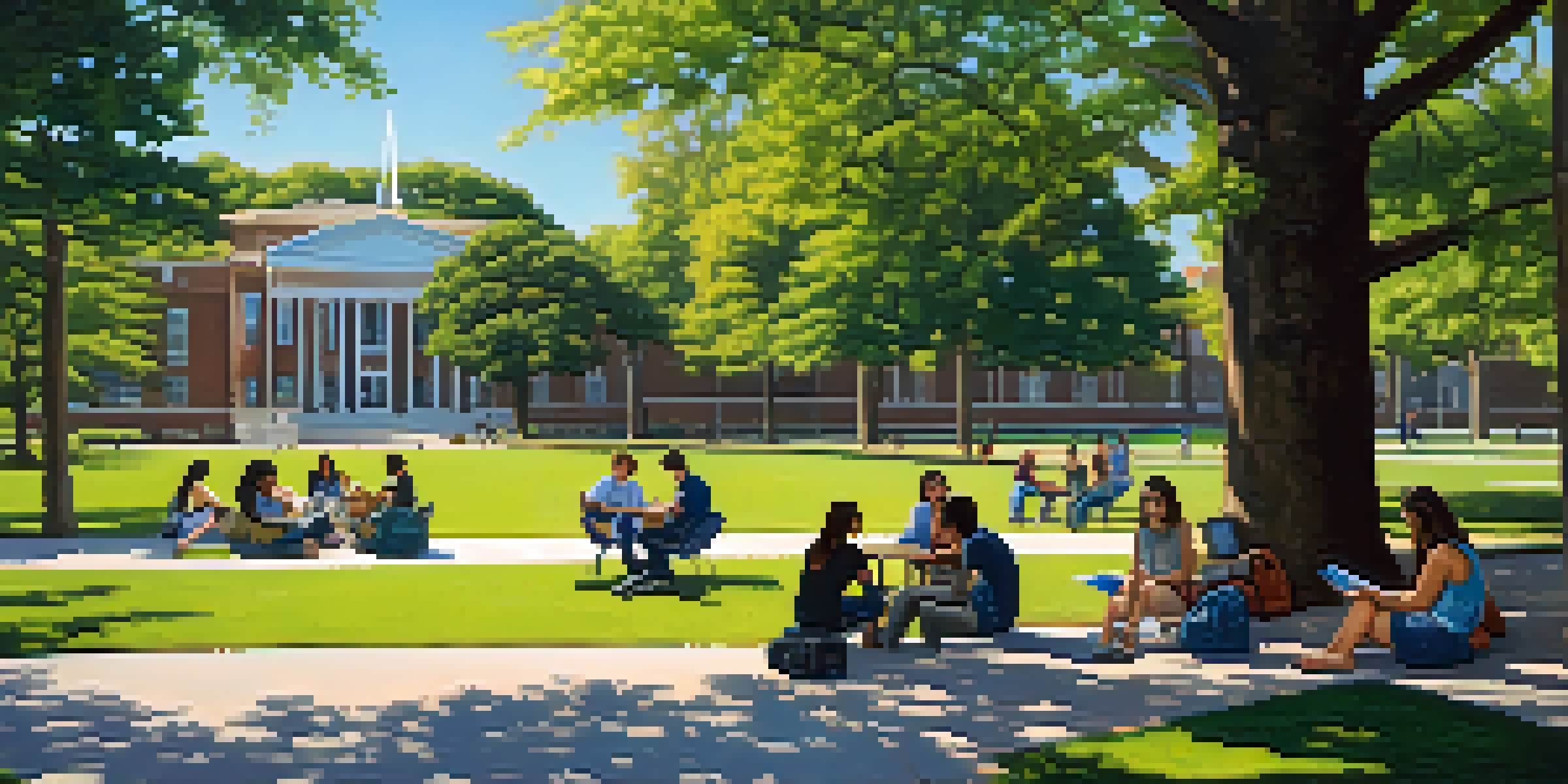 A lively university campus with students discussing under trees, modern buildings in the background, and a clear blue sky.