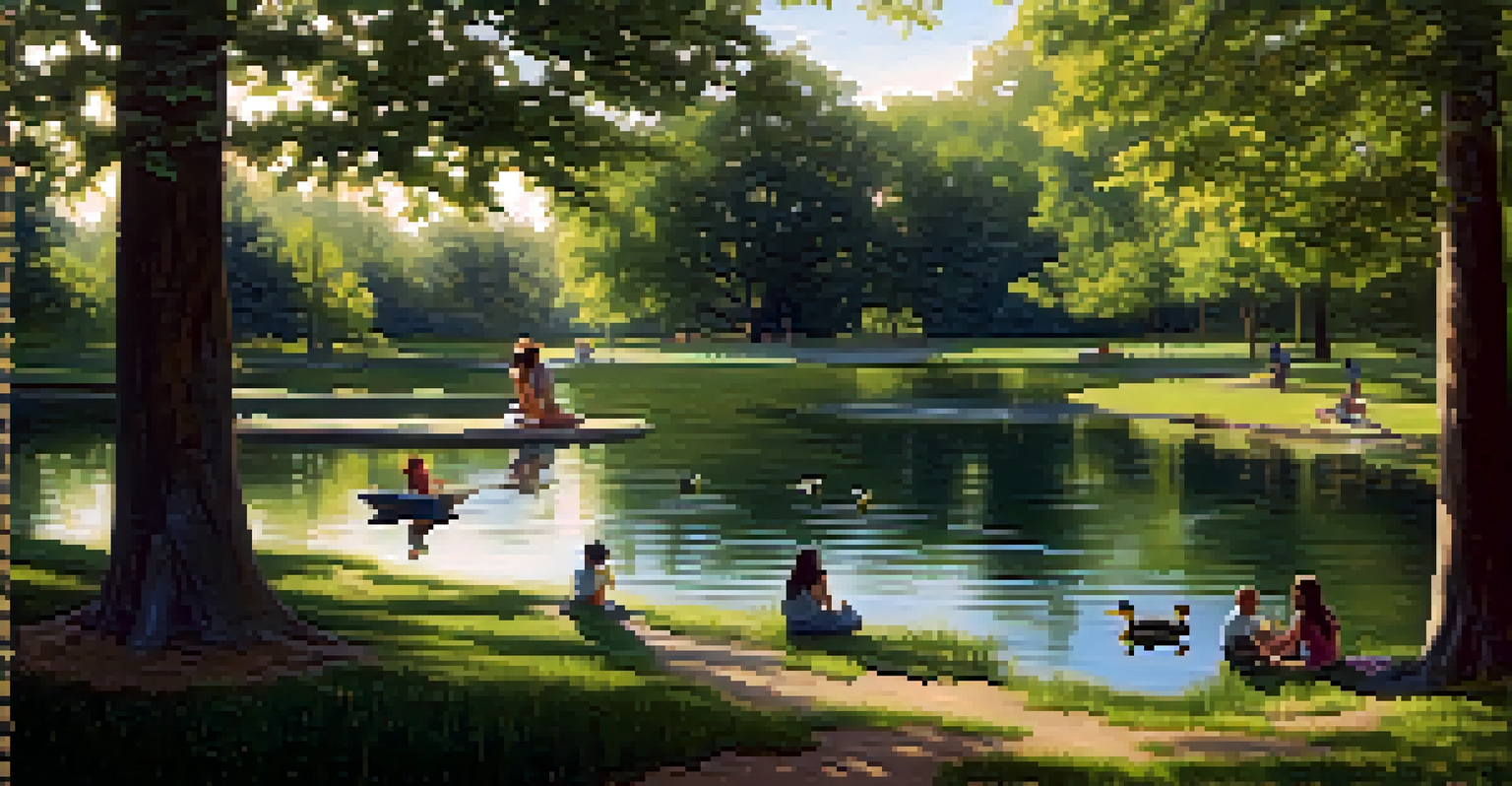 A family enjoying a picnic by a tranquil pond surrounded by trees.