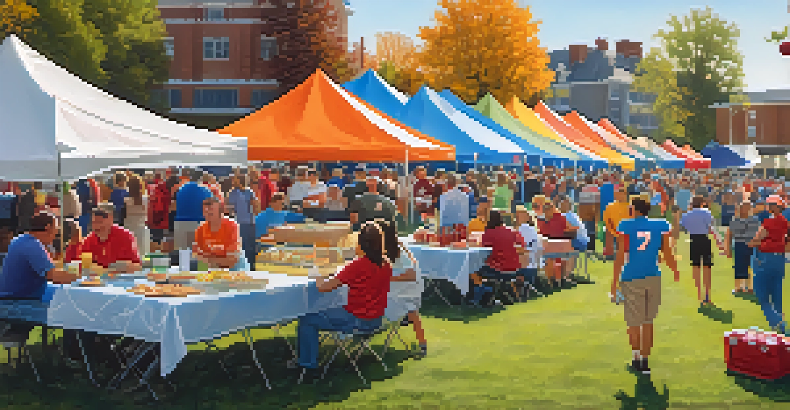 A lively community tailgate party outside a college football game, featuring families and friends enjoying food and wearing team jerseys under a clear blue sky.