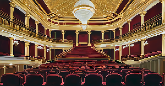 Interior view of the Belk Theater in Charlotte, featuring a grand staircase and ornate chandeliers, with warm lighting illuminating the red and gold decor.
