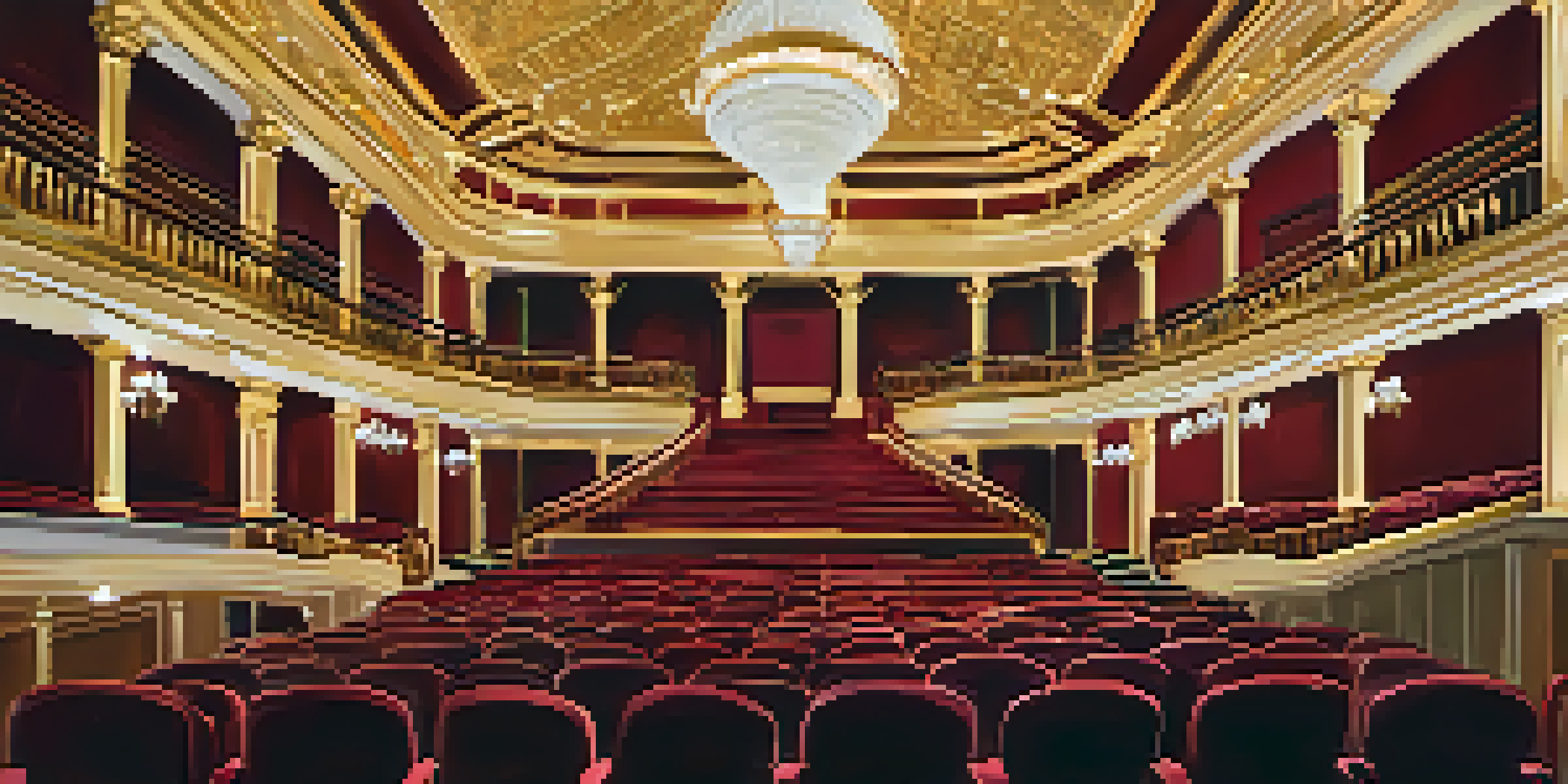 Interior view of the Belk Theater in Charlotte, featuring a grand staircase and ornate chandeliers, with warm lighting illuminating the red and gold decor.