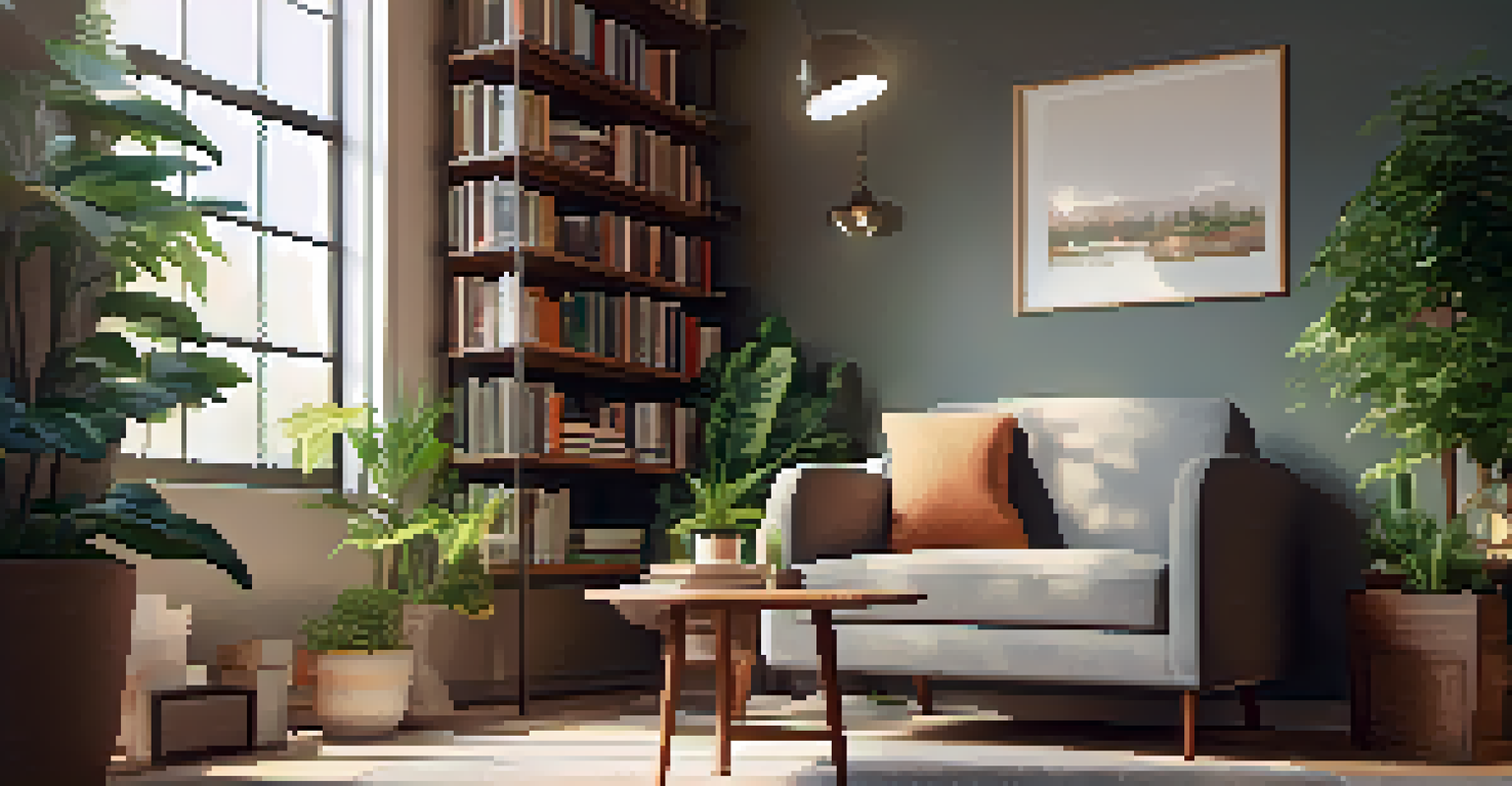 A cozy reading nook in a co-working space, featuring a comfortable armchair, a cup of coffee on a side table, and a bookshelf filled with books and plants.