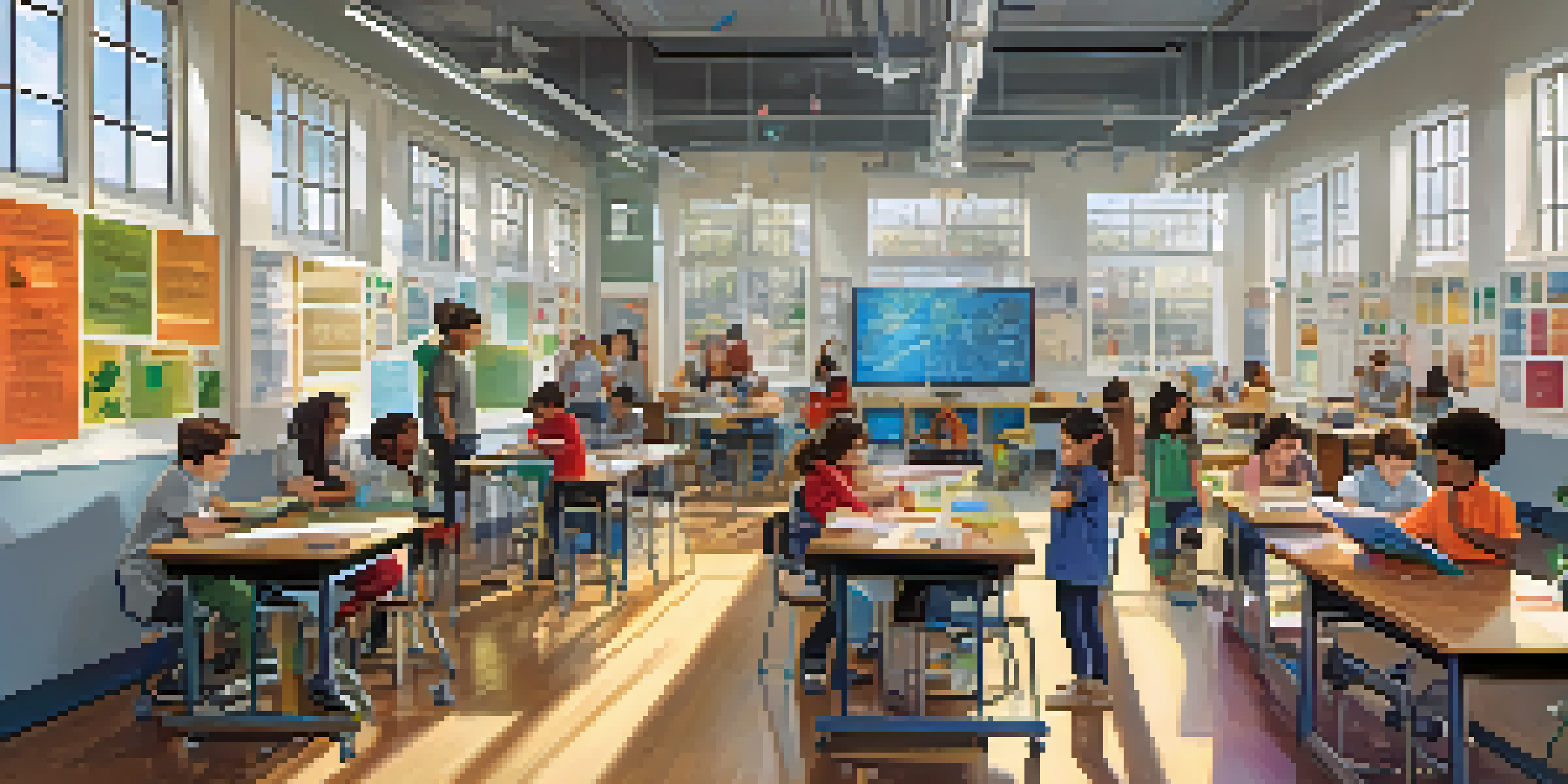 A diverse group of students working together in a bright classroom, building a robot with tools and materials, surrounded by educational posters.