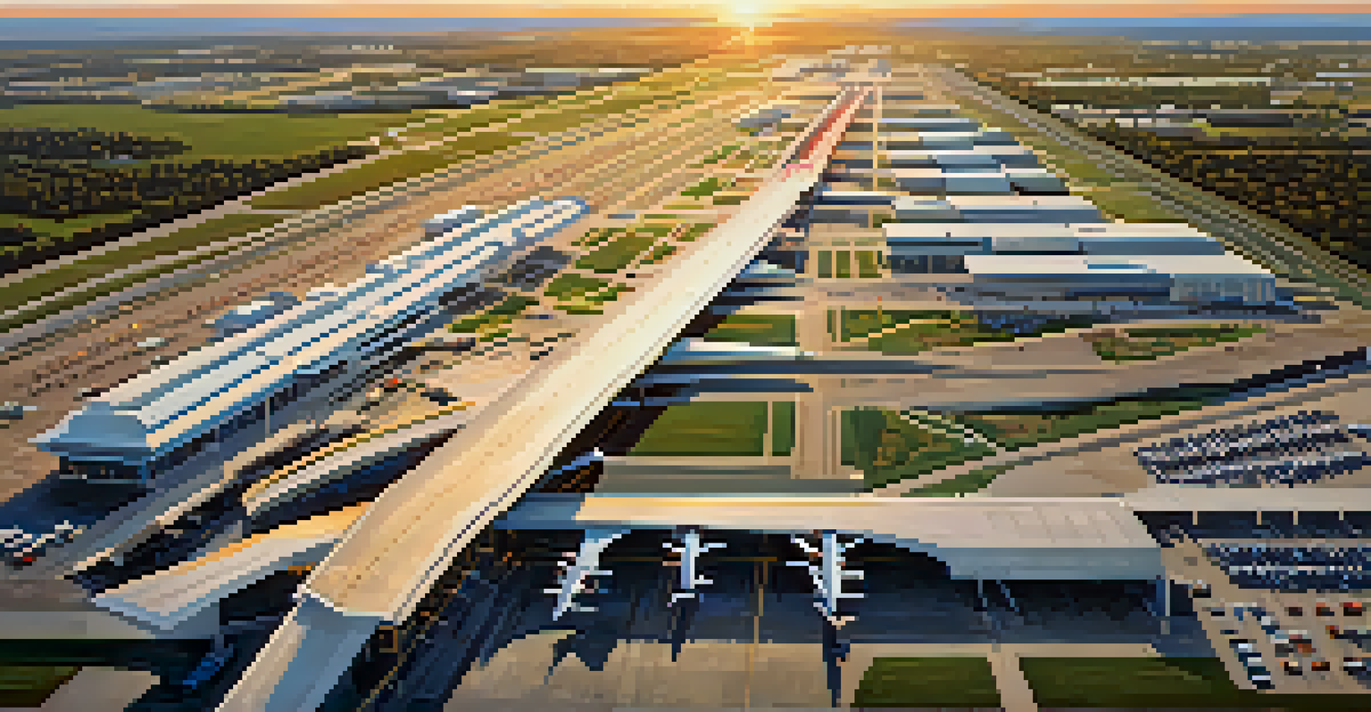 Aerial view of Charlotte Douglas International Airport with runways, terminal buildings, and transportation networks.