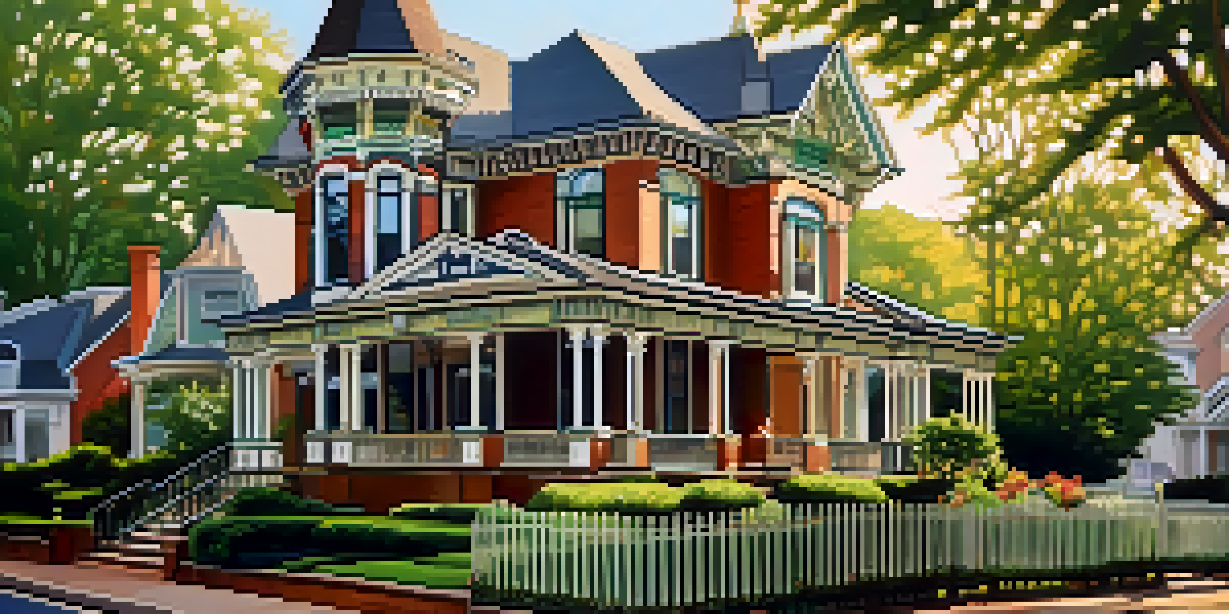 A sunny street in Charlotte's Dilworth neighborhood featuring colorful Victorian houses surrounded by gardens.
