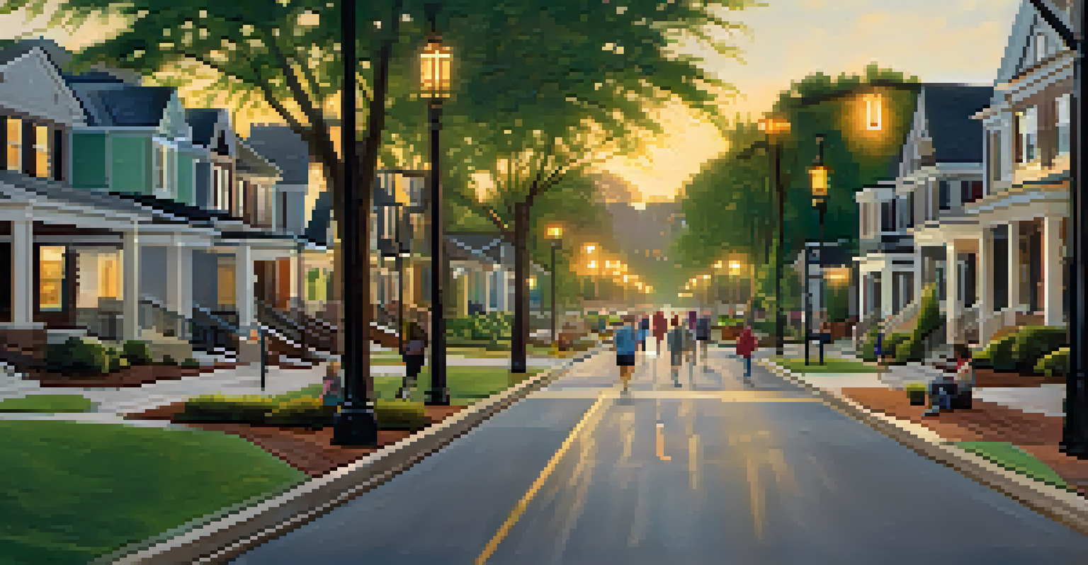 A peaceful neighborhood street in Charlotte with wide sidewalks, green spaces, and families walking, illuminated by warm lighting.