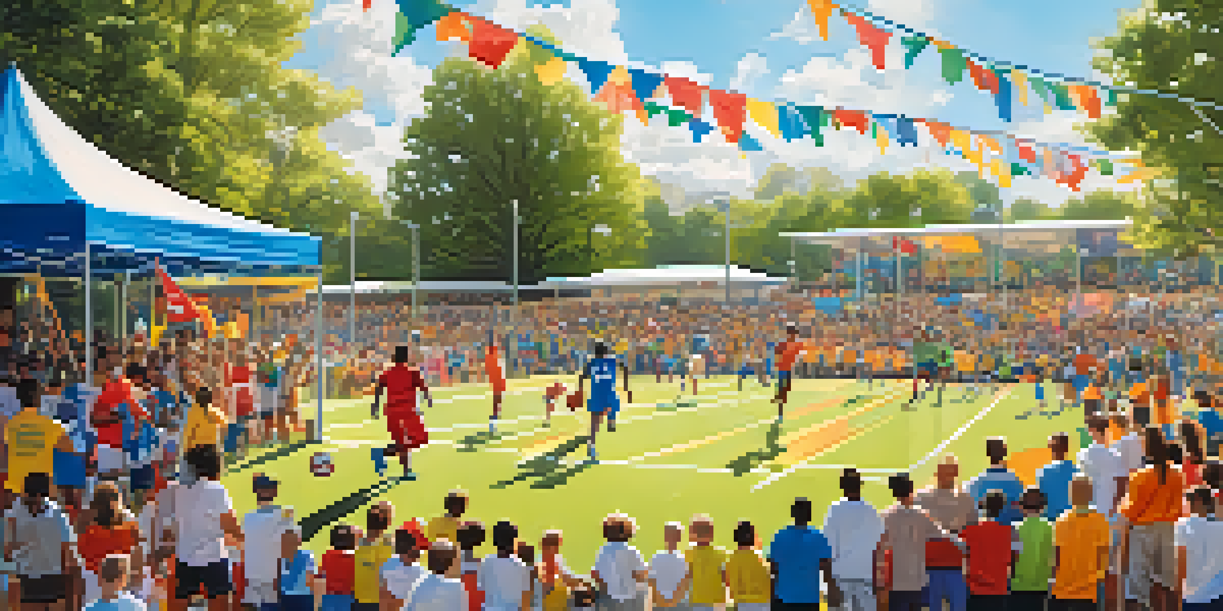 A lively sports festival in Charlotte with athletes competing in soccer and basketball, surrounded by cheering families and colorful banners under bright sunlight.
