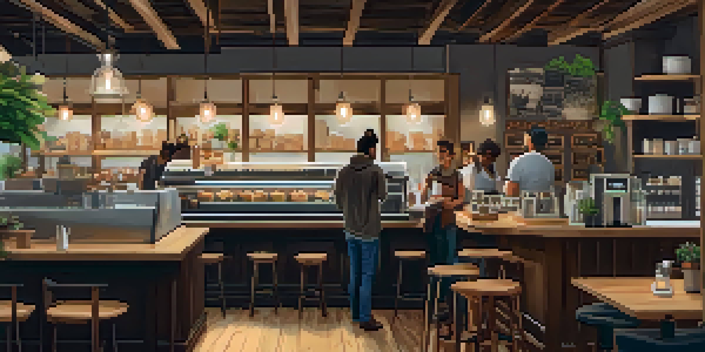 A warm and inviting café with a barista preparing coffee using a pour-over method, surrounded by customers enjoying their drinks.