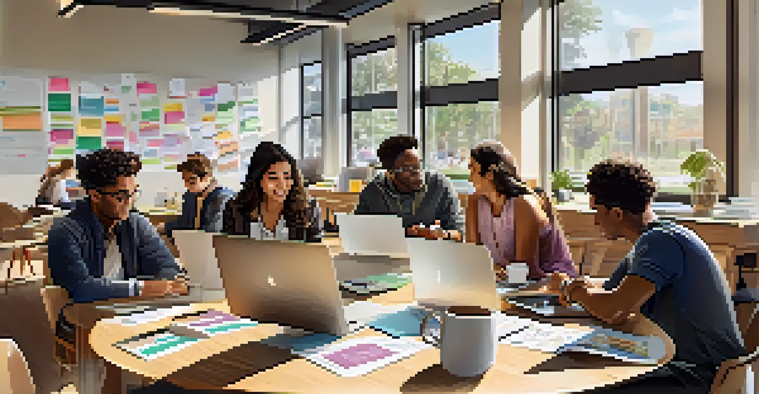 Students participating in an entrepreneurial workshop at a university, surrounded by laptops and brainstorming materials.