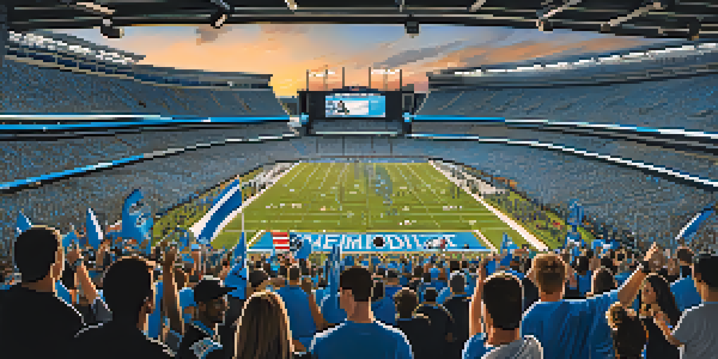 Excited fans in black and blue team colors at Bank of America Stadium, with tailgating activities in the foreground and a sunset in the background.