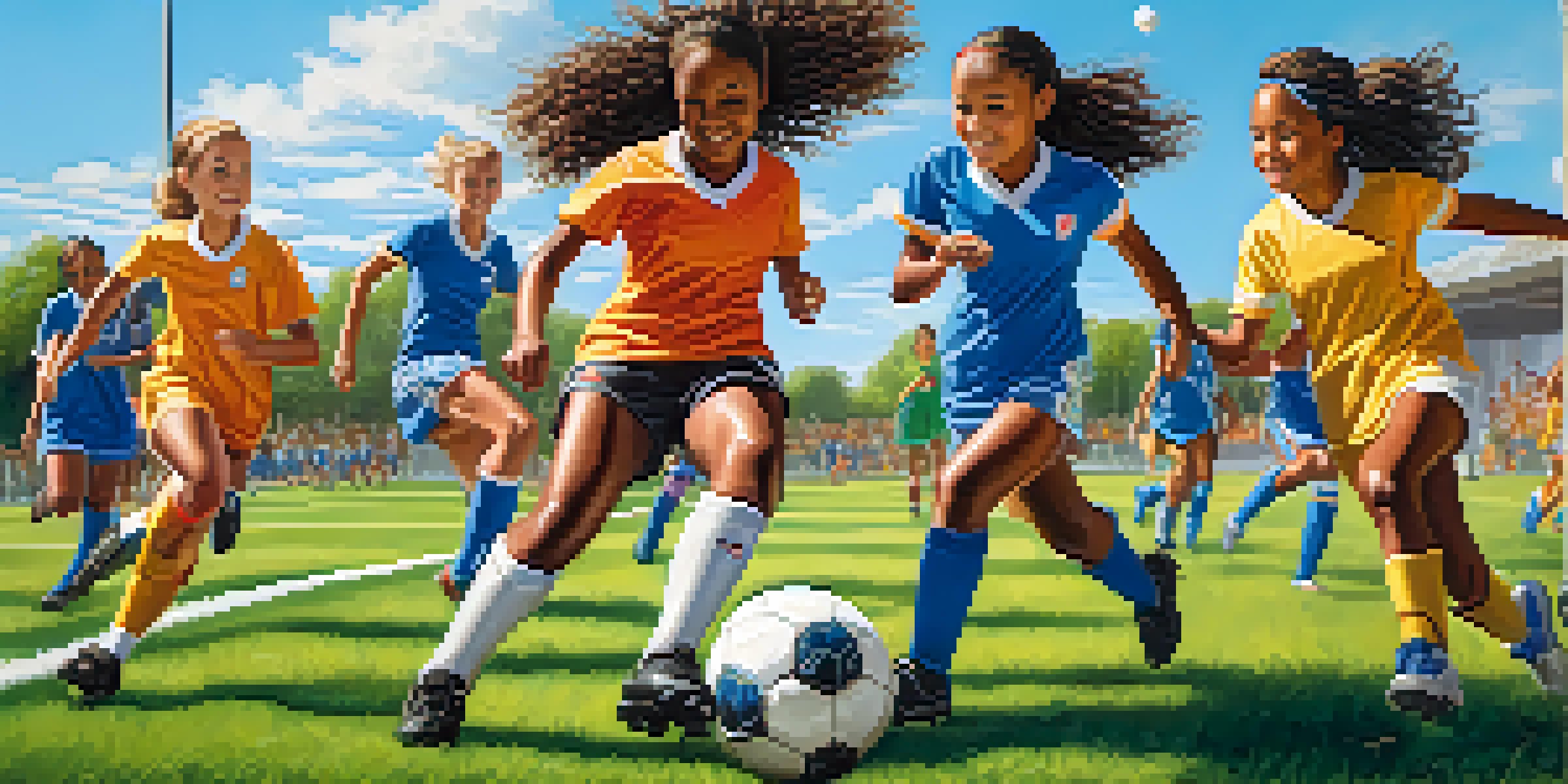 A diverse group of young female athletes practicing soccer on a green field, showcasing teamwork and determination.