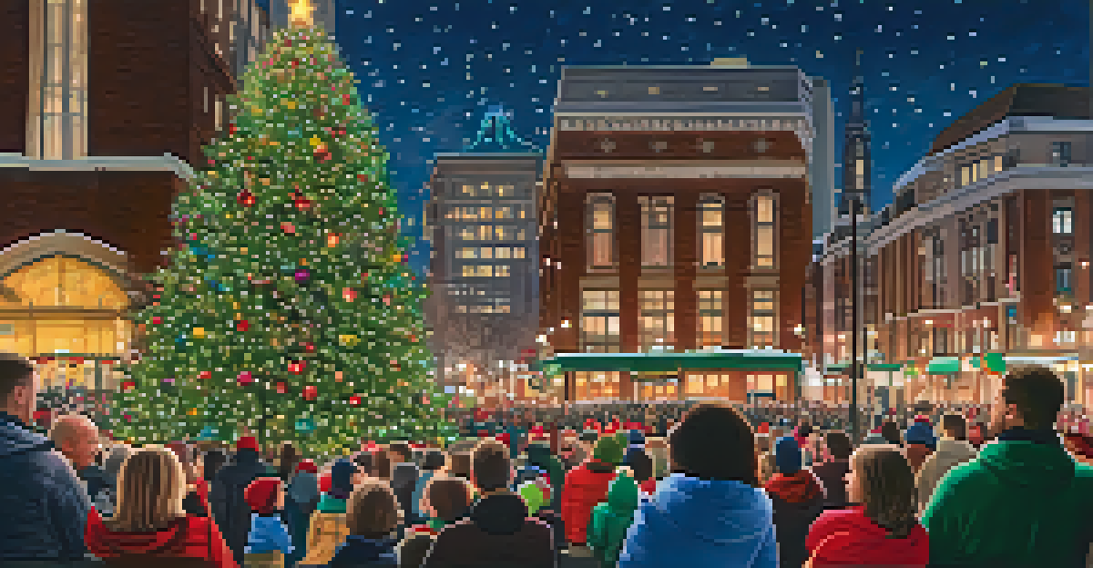 A family enjoying hot cocoa in front of a large Christmas tree at a holiday event, surrounded by colorful lights and a festive atmosphere.