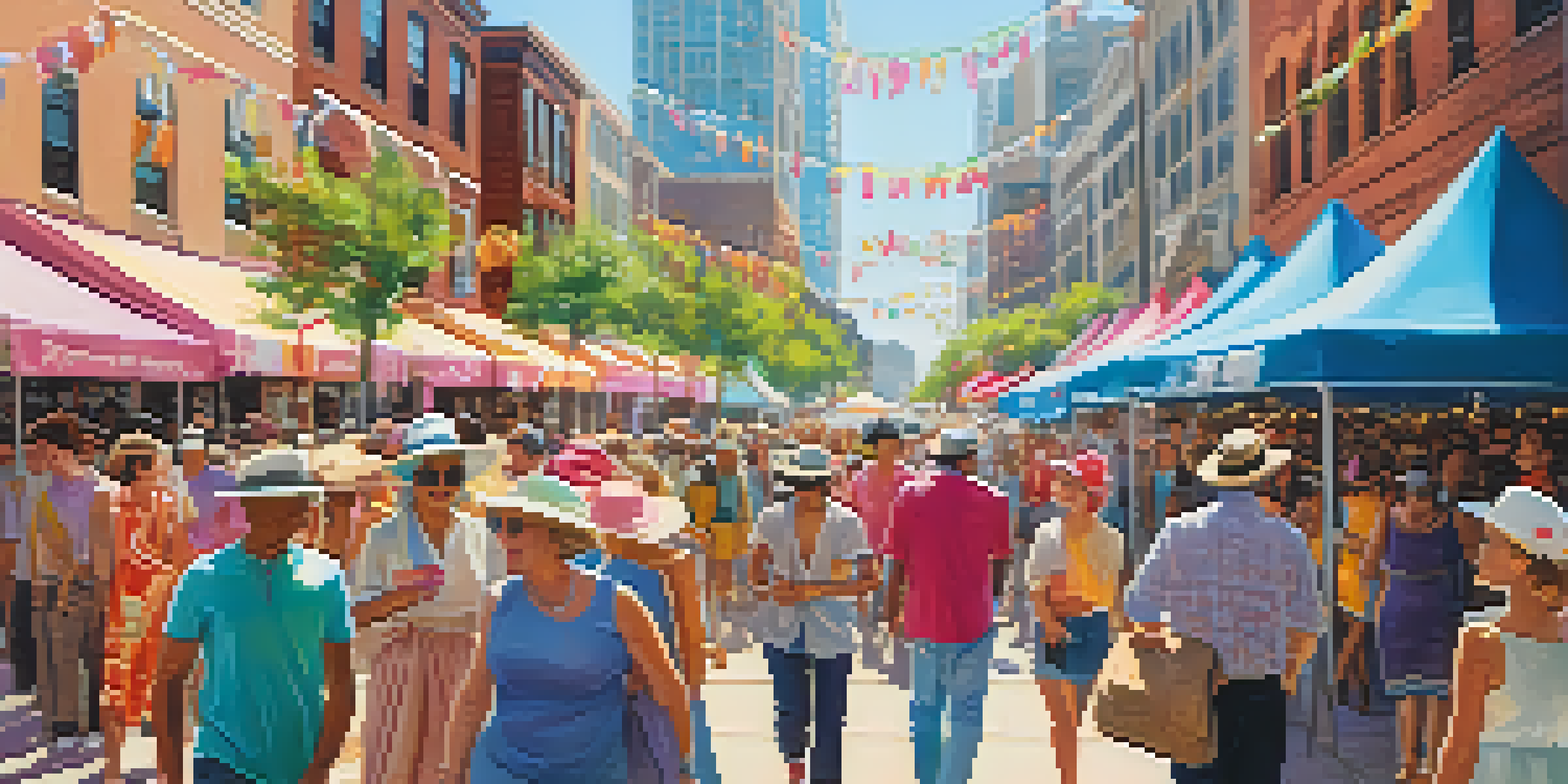 A colorful street scene in Charlotte during a cultural festival, with attendees in pastel outfits and floral patterns.