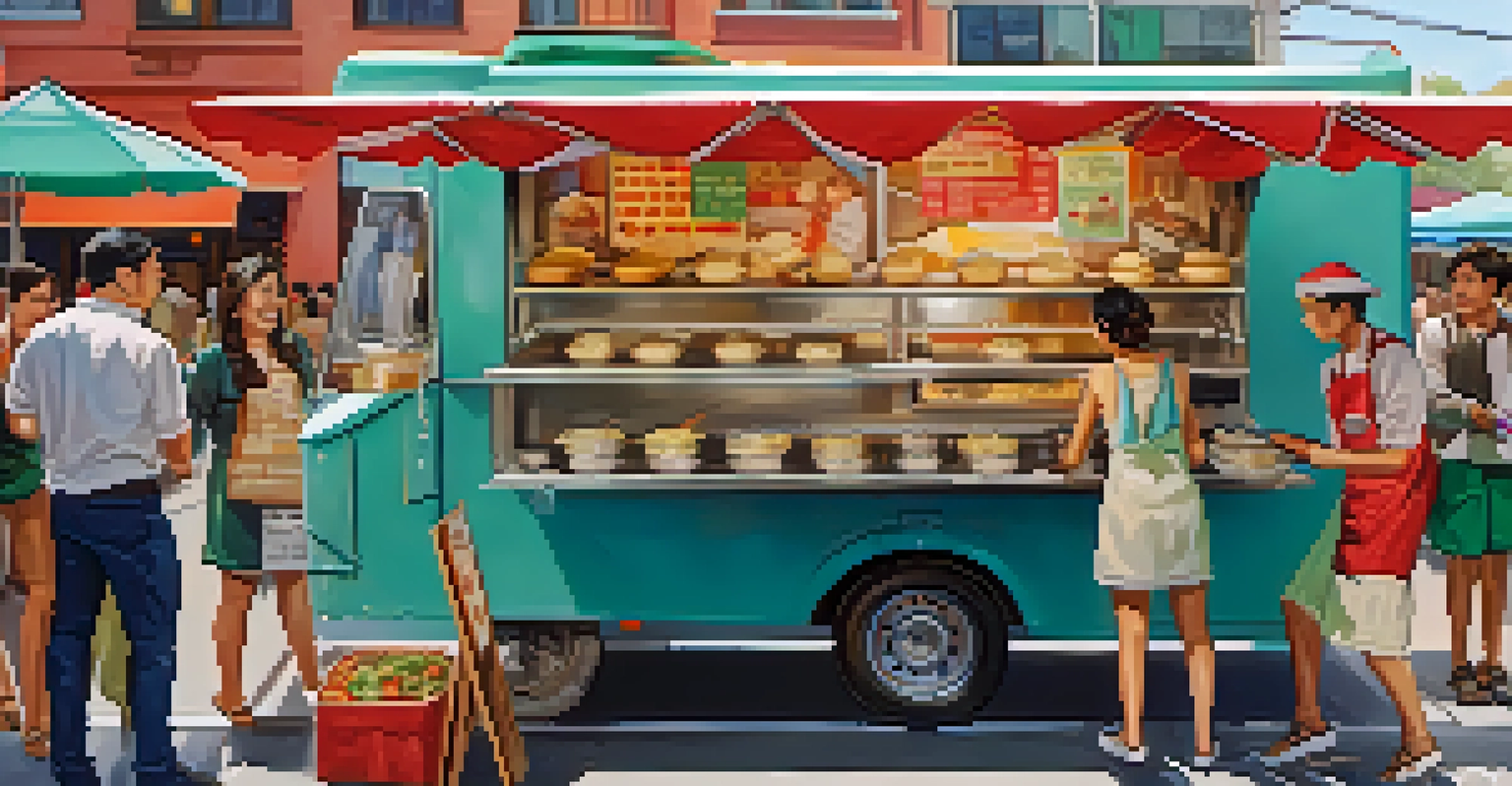 A colorful food truck serving handmade dumplings, with a chef preparing food and a line of customers waiting.