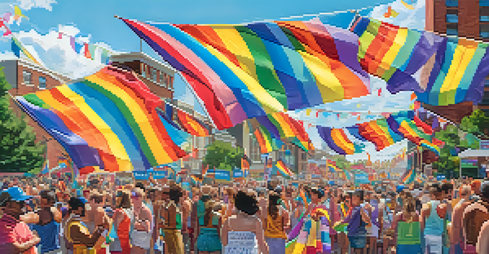 A colorful parade at the Charlotte Pride festival with diverse attendees celebrating and rainbow floats.