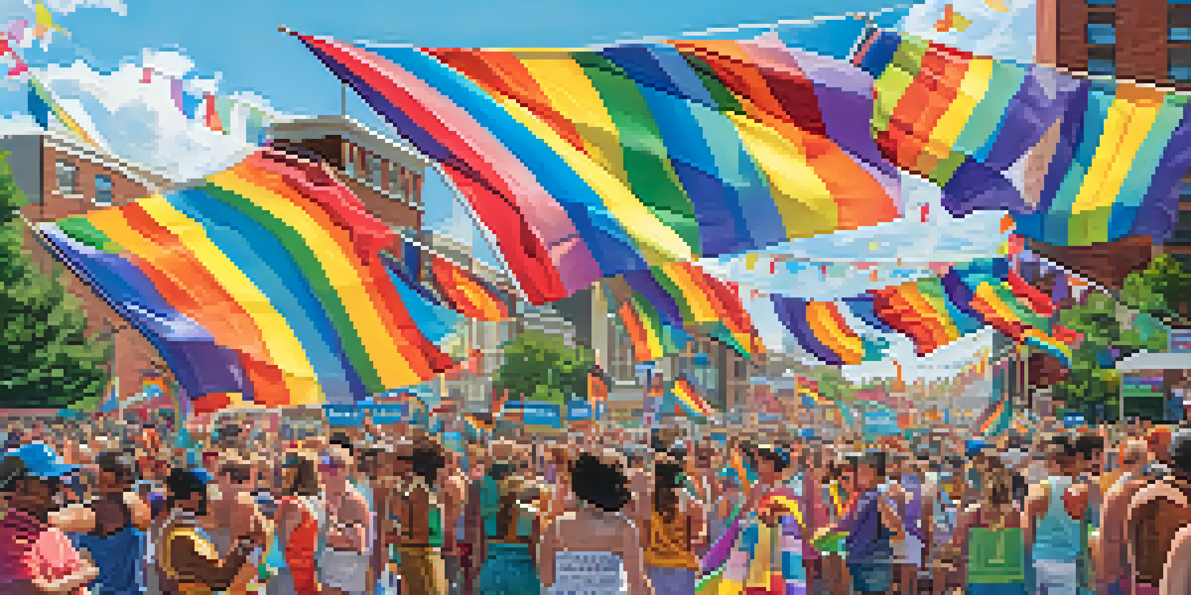 A colorful parade at the Charlotte Pride festival with diverse attendees celebrating and rainbow floats.