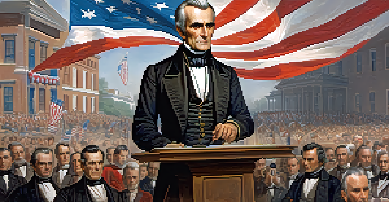 A portrait of James K. Polk delivering a speech at his 1844 presidential campaign, surrounded by enthusiastic supporters and campaign banners.