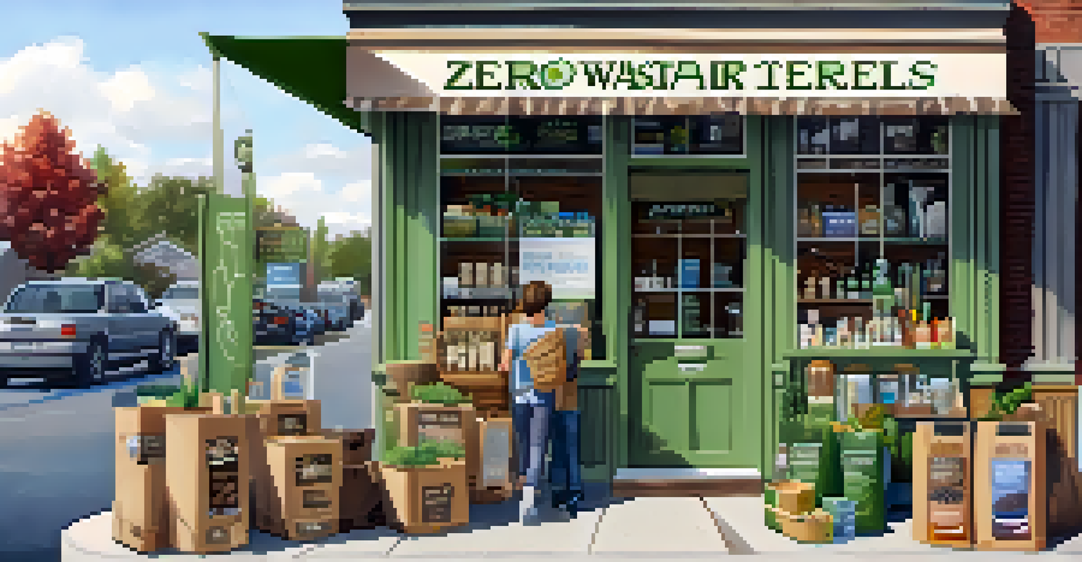 An eco-friendly local shop in Charlotte with customers filling their containers at refill stations, surrounded by bulk goods and signage promoting zero waste.